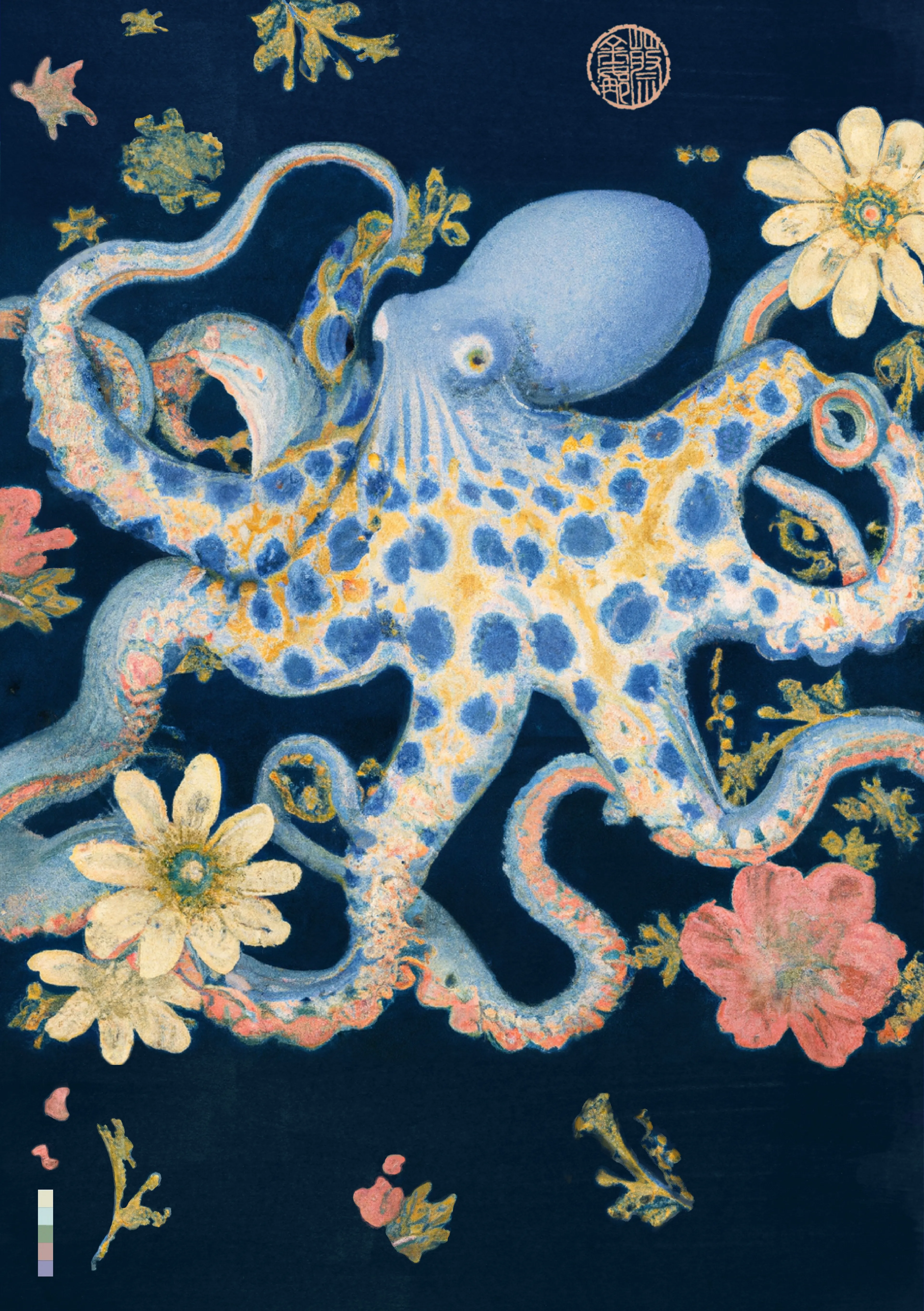‘OCTOPUSSY’ is a creative response to the rising power of the feminine that I feel within myself and the world around me. At this time in history I sense the blooming of a geography of thought that embraces the intuitive, aesthetic and natural forces around and within us.  
The Octopus is a creature I associate with the sacred feminine - powerful, mysterious, sensual and intelligent. Working with this potent symbol, and a fusion of the written word with AI and digital painting tools, I've created artworks that celebrate the power of the divine feminine and the ecosystems that foster this internal force within us all.