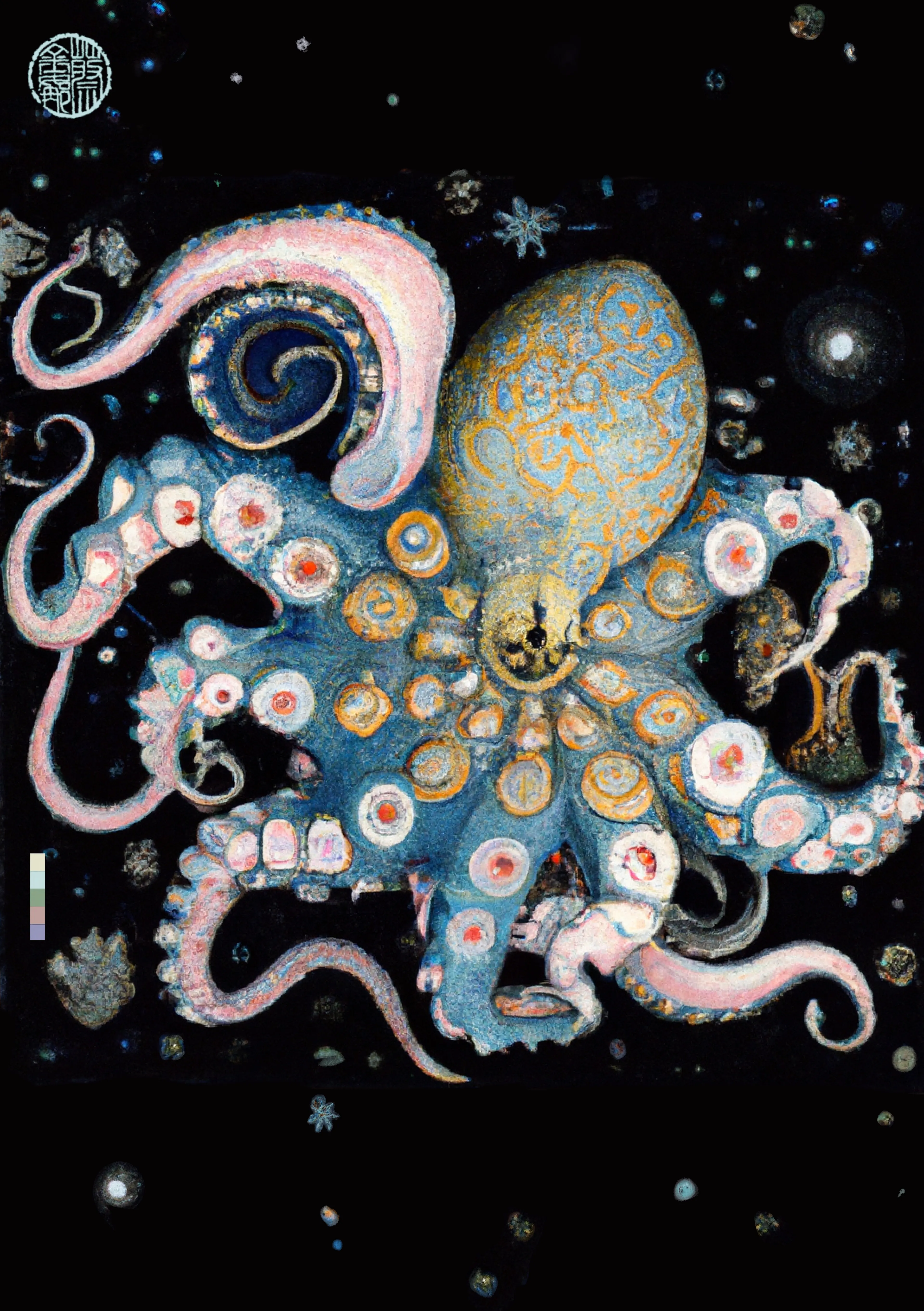 ‘OCTOPUSSY’ is a creative response to the rising power of the feminine that I feel within myself and the world around me. At this time in history I sense the blooming of a geography of thought that embraces the intuitive, aesthetic and natural forces around and within us.  
The Octopus is a creature I associate with the sacred feminine - powerful, mysterious, sensual and intelligent. Working with this potent symbol, and a fusion of the written word with AI and digital painting tools, I've created artworks that celebrate the power of the divine feminine and the ecosystems that foster this internal force within us all.