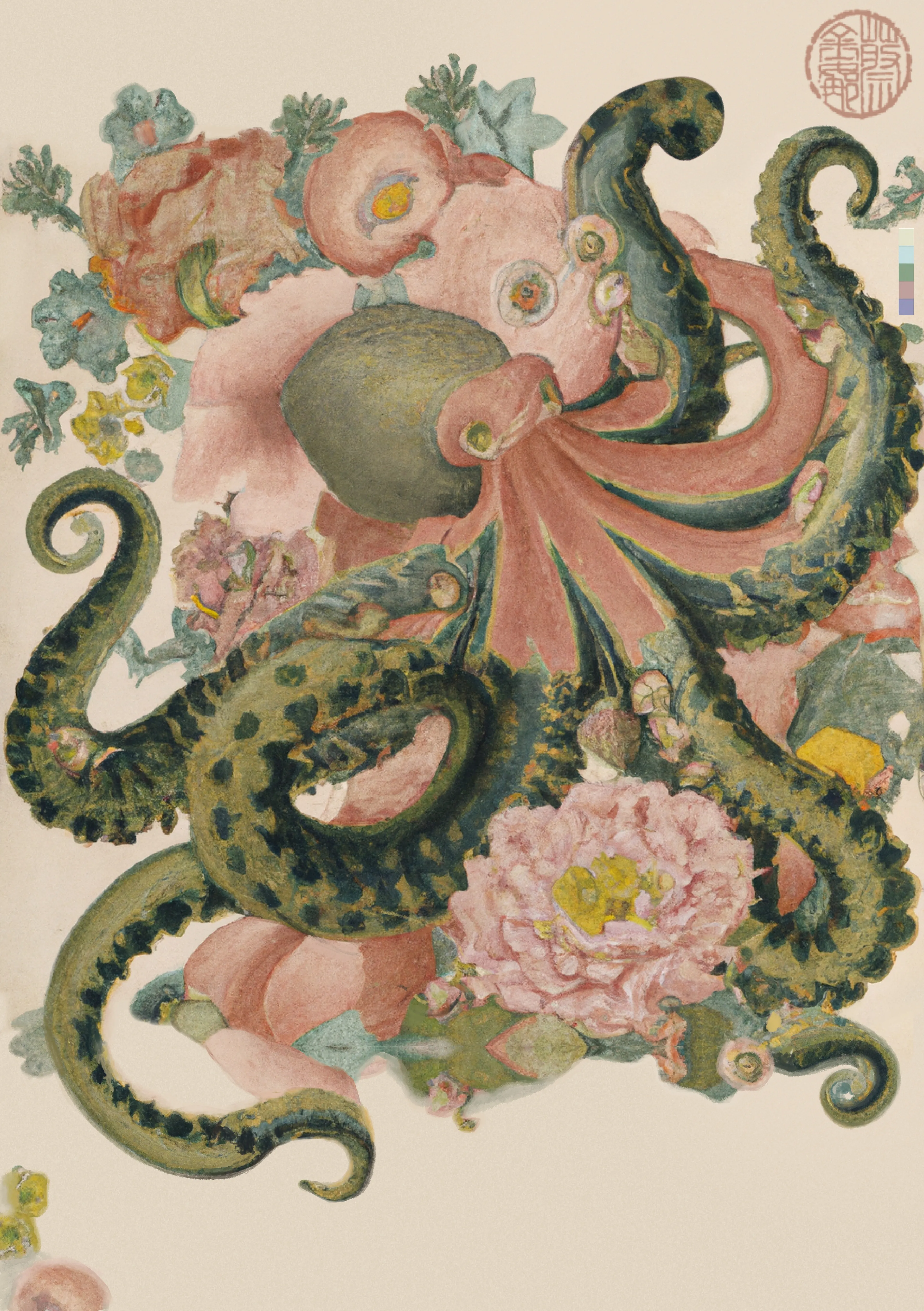 ‘OCTOPUSSY’ is a creative response to the rising power of the feminine that I feel within myself and the world around me. At this time in history I sense the blooming of a geography of thought that embraces the intuitive, aesthetic and natural forces around and within us.  
The Octopus is a creature I associate with the sacred feminine - powerful, mysterious, sensual and intelligent. Working with this potent symbol, and a fusion of the written word with AI and digital painting tools, I've created artworks that celebrate the power of the divine feminine and the ecosystems that foster this internal force within us all.