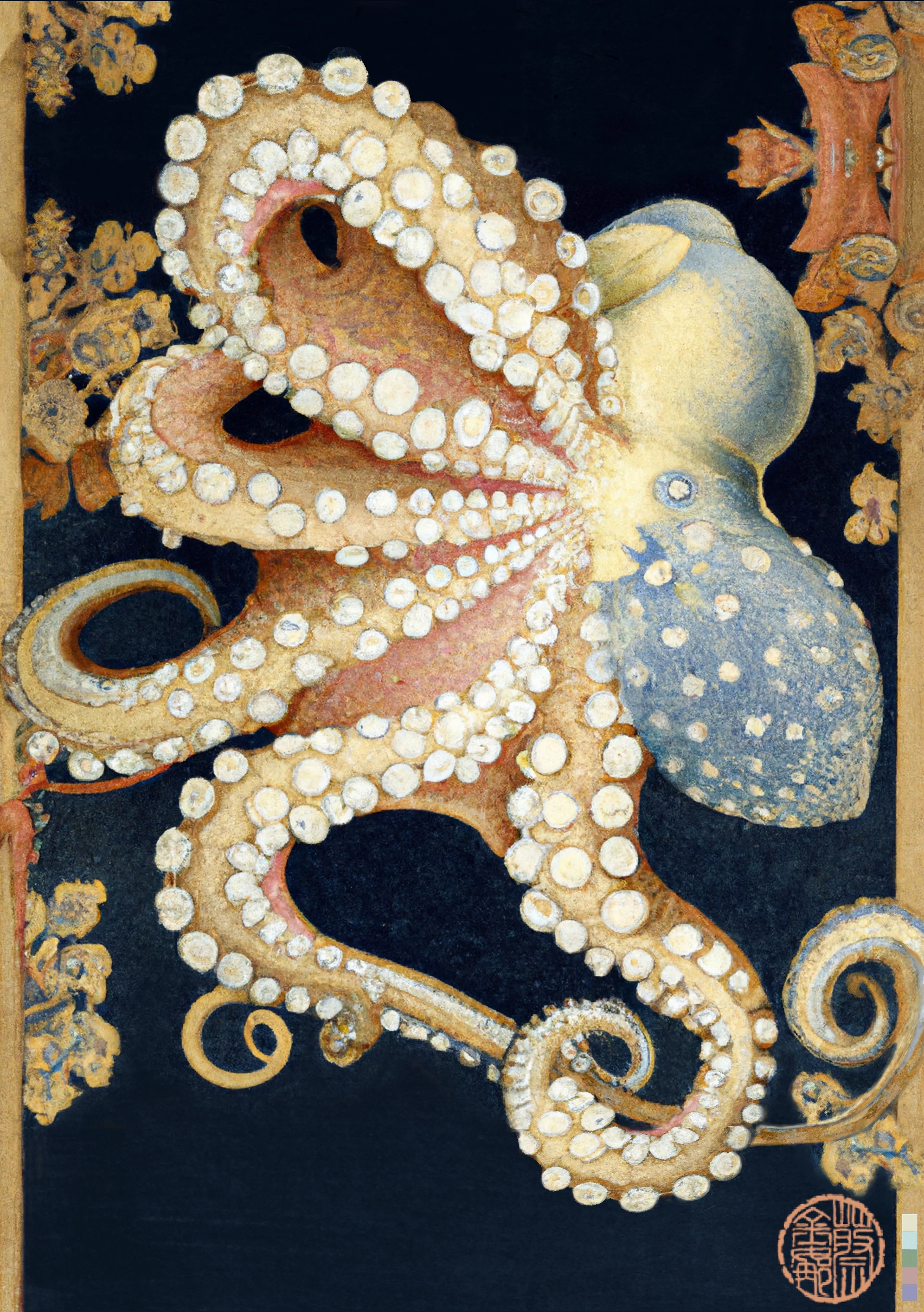 ‘OCTOPUSSY’ is a creative response to the rising power of the feminine that I feel within myself and the world around me. At this time in history I sense the blooming of a geography of thought that embraces the intuitive, aesthetic and natural forces around and within us.  
The Octopus is a creature I associate with the sacred feminine - powerful, mysterious, sensual and intelligent. Working with this potent symbol, and a fusion of the written word with AI and digital painting tools, I've created artworks that celebrate the power of the divine feminine and the ecosystems that foster this internal force within us all.