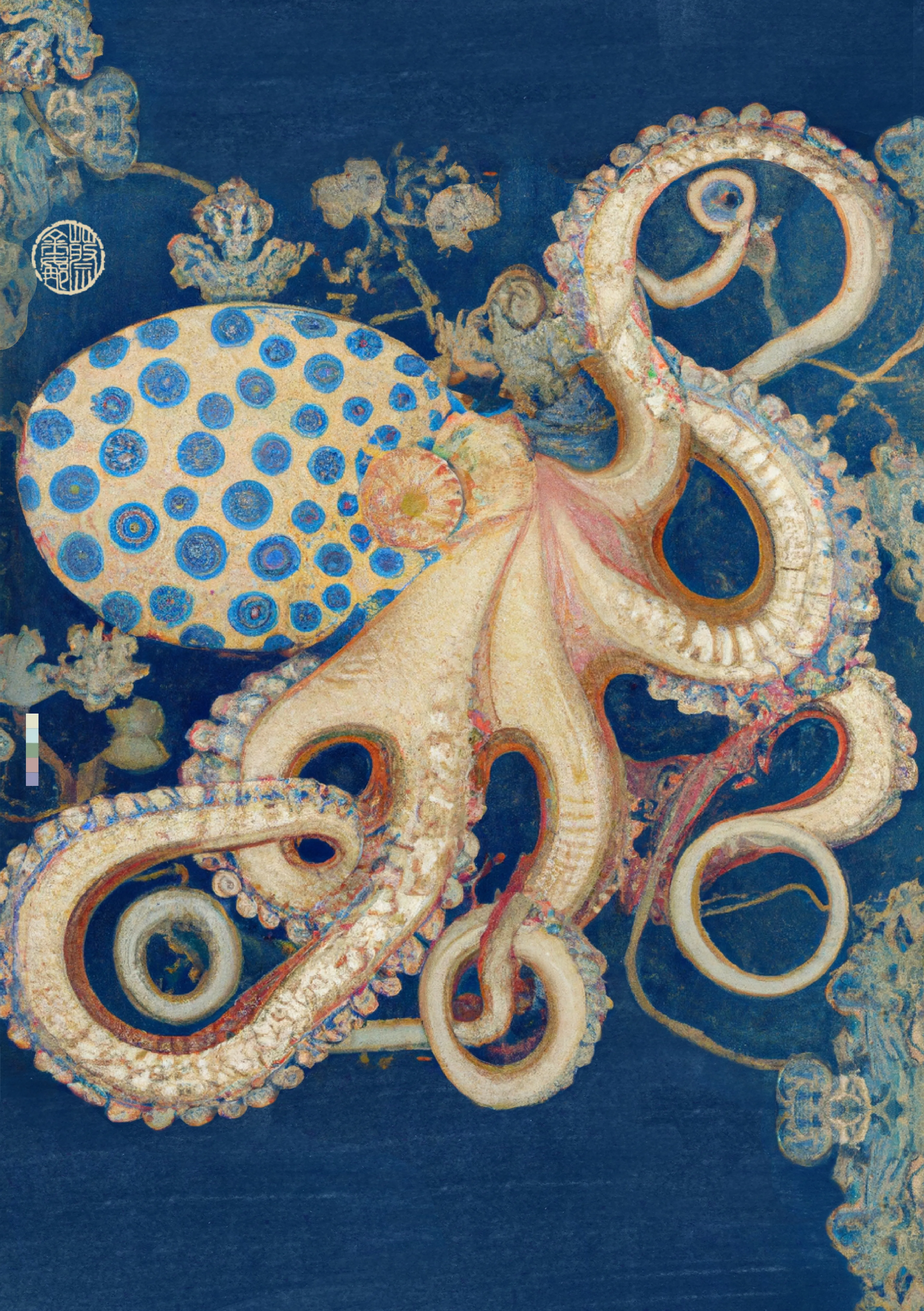 'OCTOPUSSY' is my creative response to the rising power of the feminine that I feel within myself and the world around me. At this time in history I sense the blooming of a geography of thought that embraces the intuitive, aesthetic and natural forces around and within us.  
The Octopus is a creature I associate with the sacred feminine - powerful, mysterious, sensual and intelligent. Working with this potent symbol, and a fusion of the written word with AI and digital painting tools, I've created artworks that celebrate the power of the divine feminine and the ecosystems that foster this internal force within us all.