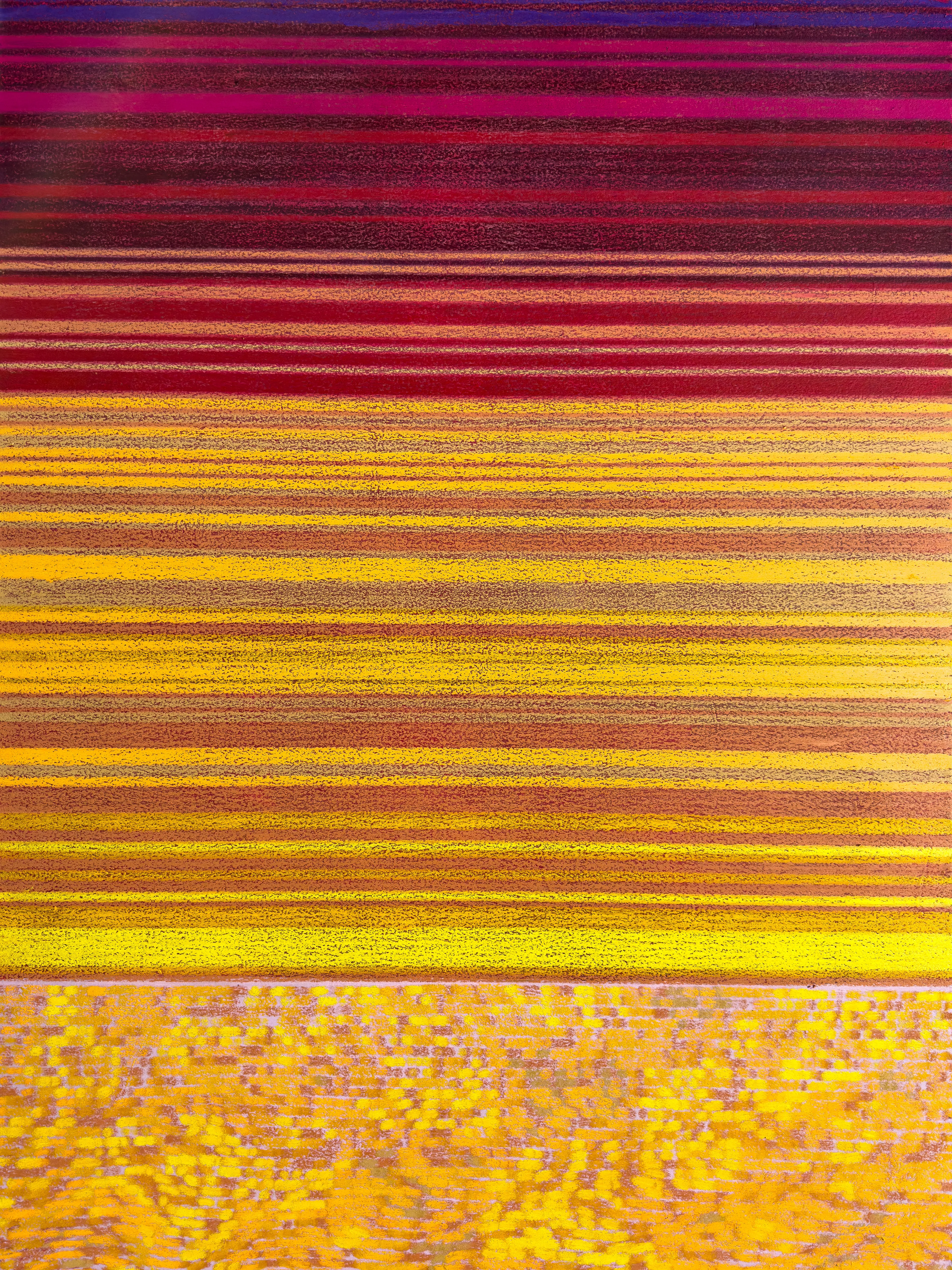 Echoes of the Sun's Descent is a conceptual series of 5 oil pastel paintings on canvas (36"x48") from generative code, executed on a custom plotter. Each painting captures a moment in time as the sun sets, recording the changing light and reflective patterns.