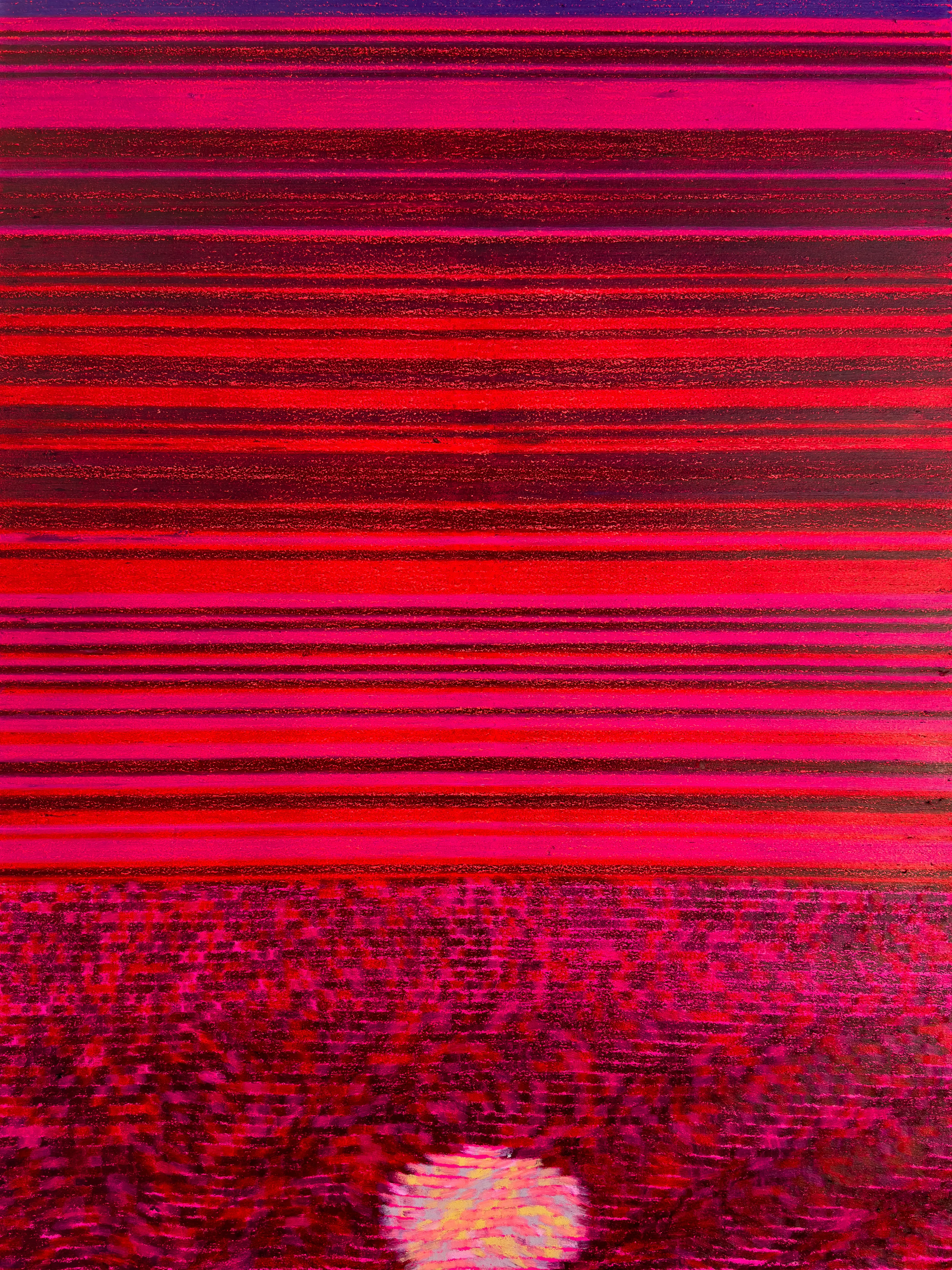 Echoes of the Sun's Descent is a conceptual series of 5 oil pastel paintings on canvas (36"x48") from generative code, executed on a custom plotter. Each painting captures a moment in time as the sun sets, recording the changing light and reflective patterns.