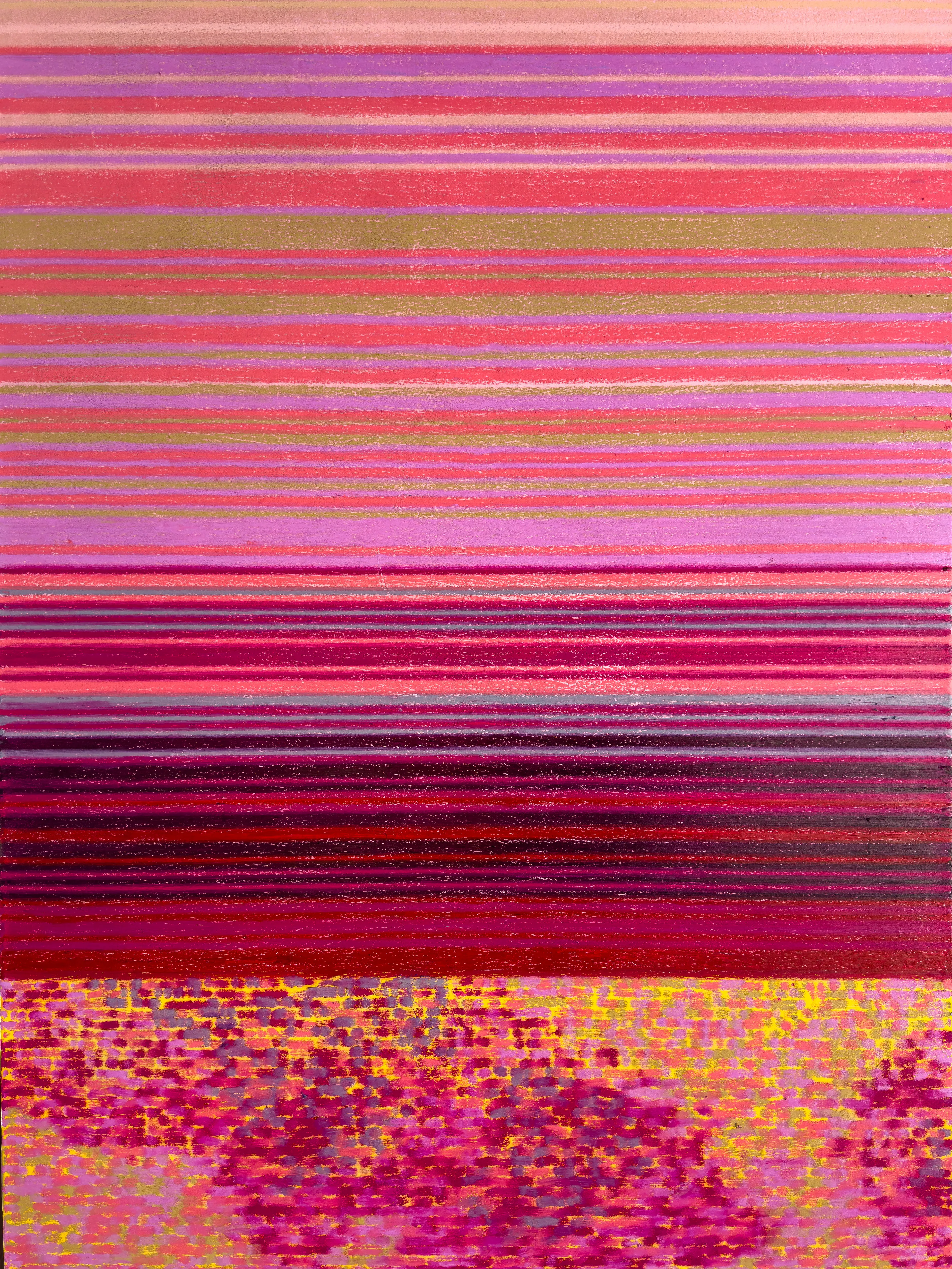 Echoes of the Sun's Descent is a conceptual series of 5 oil pastel paintings on canvas (36"x48") from generative code, executed on a custom plotter. Each painting captures a moment in time as the sun sets, recording the changing light and reflective patterns.