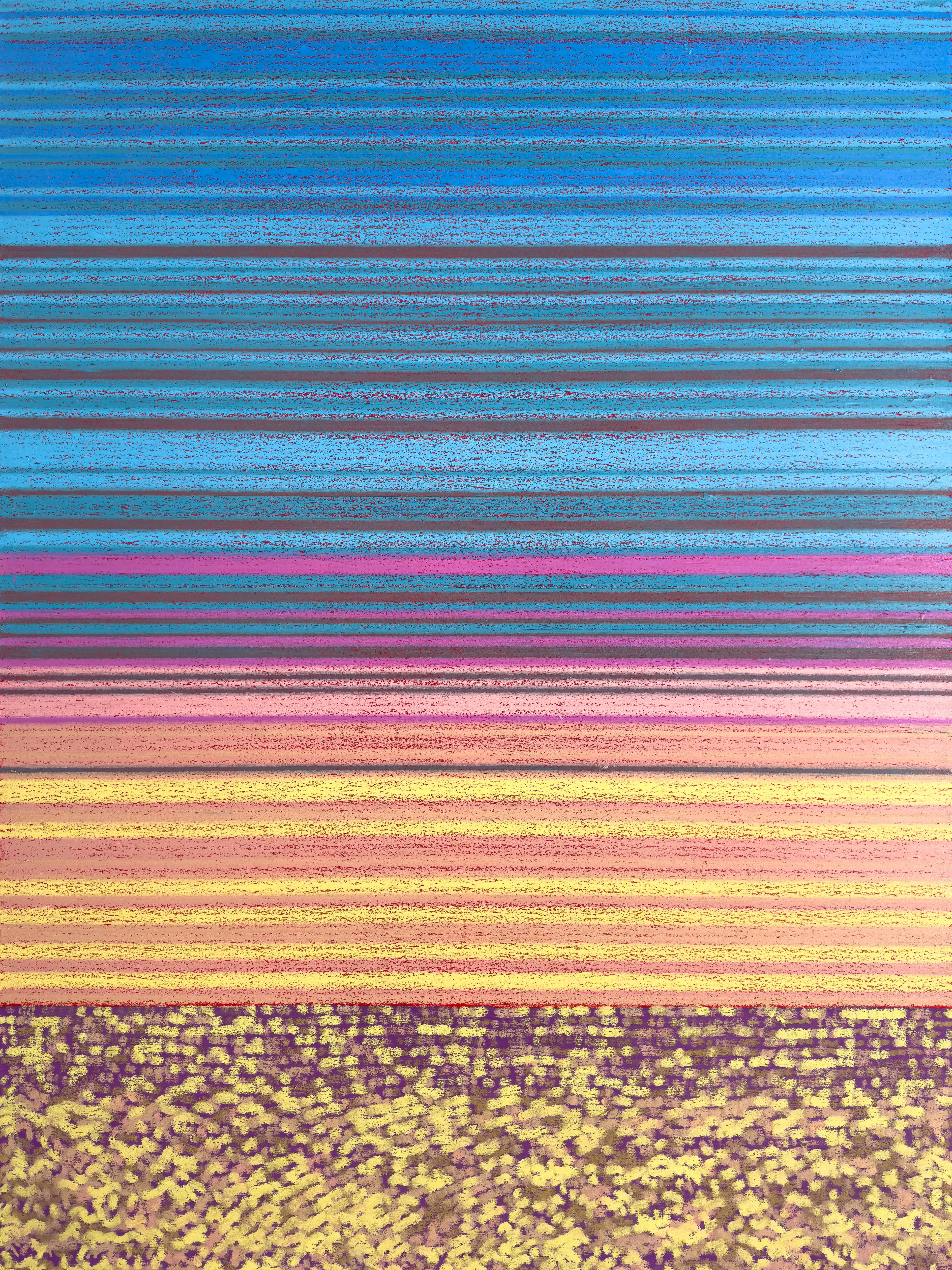 Echoes of the Sun's Descent is a conceptual series of 5 oil pastel paintings on canvas (36"x48") from generative code, executed on a custom plotter. Each painting captures a moment in time as the sun sets, recording the changing light and reflective patterns.