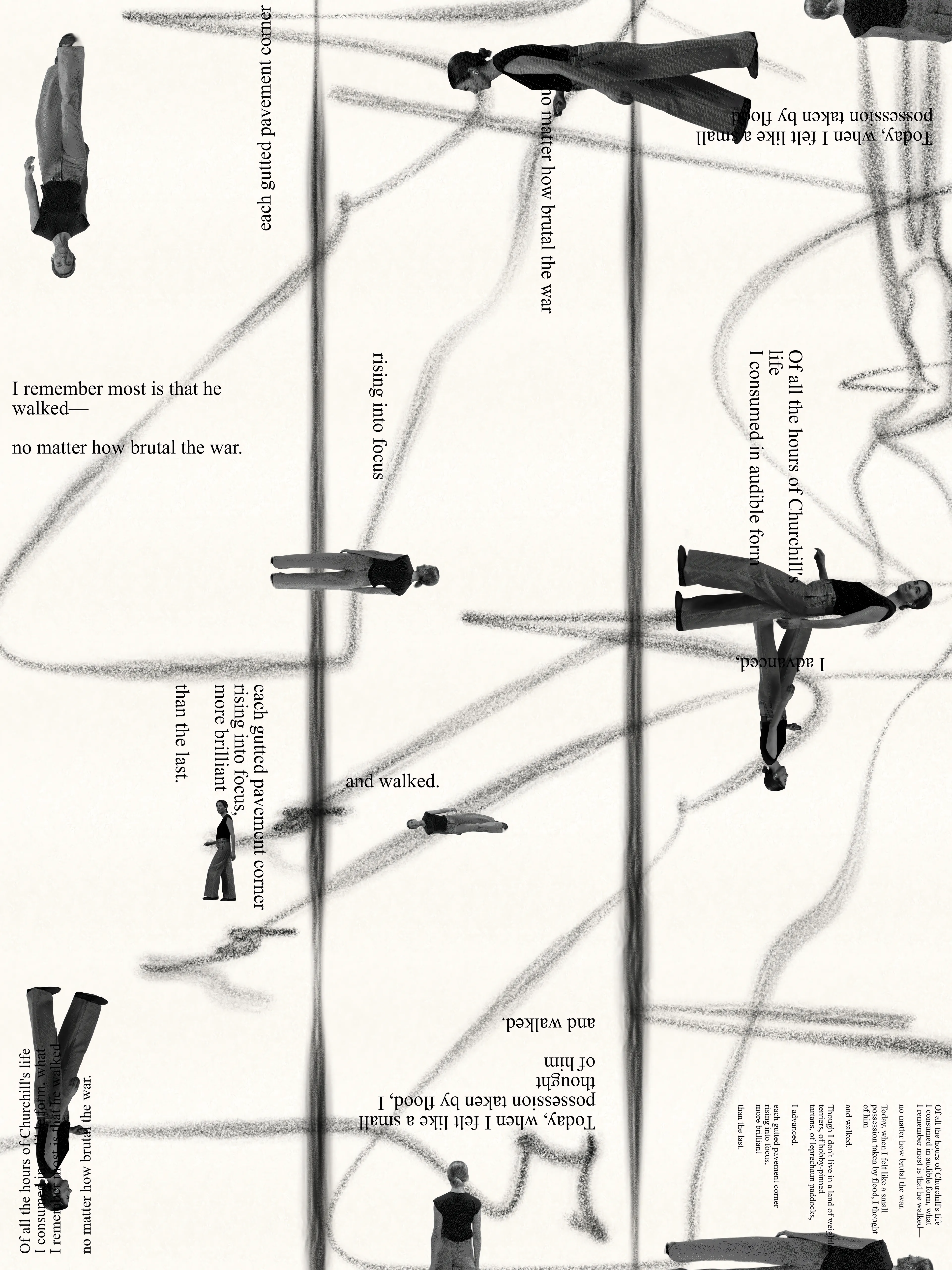 This unique generative image is part of Pace, Ana María Caballero's first multichannel installation. Caballero released a limited series of stand-alone stills, such as this one, to accompany Pace, which are offered separately from the video editions.  

Each edition is designed to emulate an unbound folded book. These compositions draw on a visual language developed in the poet's prior works, where she transformed verse into handmade marks by applying chalk and acrylic paint to her body while performing her choreographic poems. 

Scattered moments from Caballero’s choreography contextualize this mark-making as they dance between the words of the poem on the page. The resulting etchings speak an evocative, guttural language, a poetic mark-making that transmits the immediacy and urgency of performance. 

About Pace:

In Pace’s first video work, Caballero pays homage to Pipilotti Rist’s Ever Is Over All and proposes an evolution in personal empowerment. Whereas Rist’s protagonist symbolically takes down failed systems, Caballero’s main character practices radical repair.

Pace posits that private joy is as powerful a form of resistance as destruction.

Caballero stars in her own work, performing gleeful movements rooted in Latin American salsa music, which she grew up dancing and accesses as a source of resilience. As she advances, urban wreckage repairs.

By contrast, in Rist’s work, a woman smashes car windows with a flower as she walks down a street, an exuberant smile on her face, similar to the smile she’s given by a passing policewoman, who presumably approves of the destruction.

The works are connected through the protagonists’ outward and exaggerated expressions of self-possessed joy and their public (and thus out-of-place) physicality. Both works are also linked through the protagonists’ red shoes, signaling confidence in the trodden path. 

Madrid’s Calle del Barquillo is recreated through AI because a pharmacy that bore her father’s name, F. Caballero, existed there. Caballero pilgrimed here daily as she mourned her father’s death, finding solace in its presence.

Pace is the first film from Caballero’s ongoing Literal Litoral series of choreographic explorations that combines her live, performed poetry with cinematic AI. 

The second video consists of coded visuals, the result of a custom algorithm that reads Caballero’s body-in-motion and translates it into graphic marks, ​​probing the connection between embodied experience and our attempts to record it.

We often believe we need to venture outwards to connect with nature. But our bodies themselves are nature. Rist’s video pairs gleeful destruction with out-of-focus flowering scenes. Caballero pairs radical repair with the body-as-sign, proposing closer relationships with ourselves as a first approach to systemic transformation.

Custom algorithm by Cameron Nelson. 

anamariacaballero.com