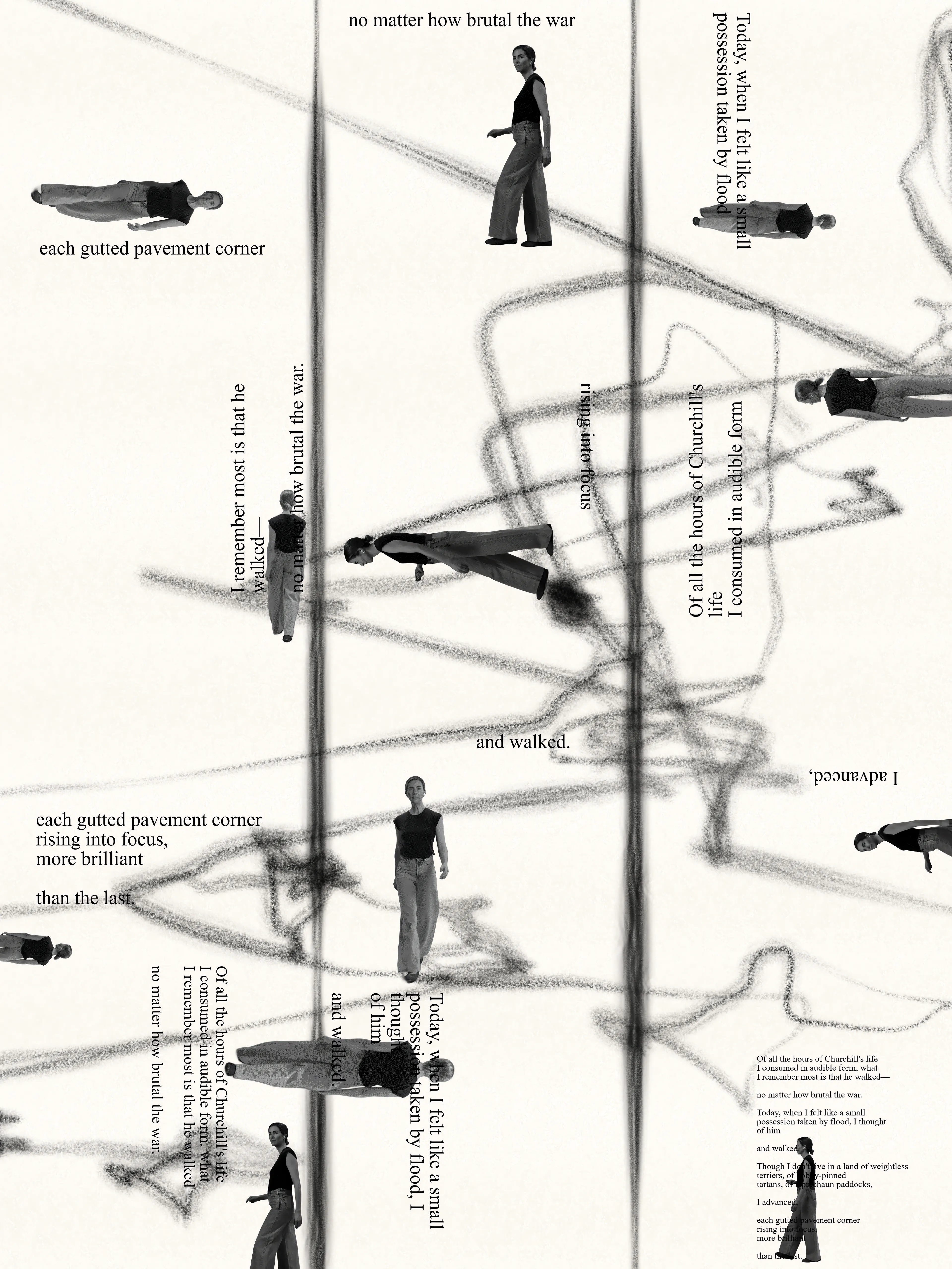 This unique generative image is part of Pace, Ana María Caballero's first multichannel installation. Caballero released a limited series of stand-alone stills, such as this one, to accompany Pace, which are offered separately from the video editions.  

Each still is designed to emulate an unbound folded book. These compositions draw on a visual language developed in the poet's prior works, where she transformed verse into handmade marks by applying chalk and acrylic paint to her body while performing her choreographic poems. 

Scattered moments from Caballero’s choreography contextualize this mark-making as they dance between the words of the poem on the page. The resulting etchings speak an evocative, guttural language, a poetic mark-making that transmits the immediacy and urgency of performance. 

About Pace:

In Pace’s first video work, Caballero pays homage to Pipilotti Rist’s Ever Is Over All and proposes an evolution in personal empowerment. Whereas Rist’s protagonist symbolically takes down failed systems, Caballero’s main character practices radical repair.

Pace posits that private joy is as powerful a form of resistance as destruction.

Caballero stars in her own work, performing gleeful movements rooted in Latin American salsa music, which she grew up dancing and accesses as a source of resilience. As she advances, urban wreckage repairs.

By contrast, in Rist’s work, a woman smashes car windows with a flower as she walks down a street, an exuberant smile on her face, similar to the smile she’s given by a passing policewoman, who presumably approves of the destruction.

The works are connected through the protagonists’ outward and exaggerated expressions of self-possessed joy and their public (and thus out-of-place) physicality. Both works are also linked through the protagonists’ red shoes, signaling confidence in the trodden path. 

Madrid’s Calle del Barquillo is recreated through AI because a pharmacy that bore her father’s name, F. Caballero, existed there. Caballero pilgrimed here daily as she mourned her father’s death, finding solace in its presence.

Pace is the first film from Caballero’s ongoing Literal Litoral series of choreographic explorations that combines her live, performed poetry with cinematic AI. 

The second video consists of coded visuals, the result of a custom algorithm that reads Caballero’s body-in-motion and translates it into graphic marks, ​​probing the connection between embodied experience and our attempts to record it.

We often believe we need to venture outwards to connect with nature. But our bodies themselves are nature. Rist’s video pairs gleeful destruction with out-of-focus flowering scenes. Caballero pairs radical repair with the body-as-sign, proposing closer relationships with ourselves as a first approach to systemic transformation.

Custom algorithm by Cameron Nelson. 

anamariacaballero.com