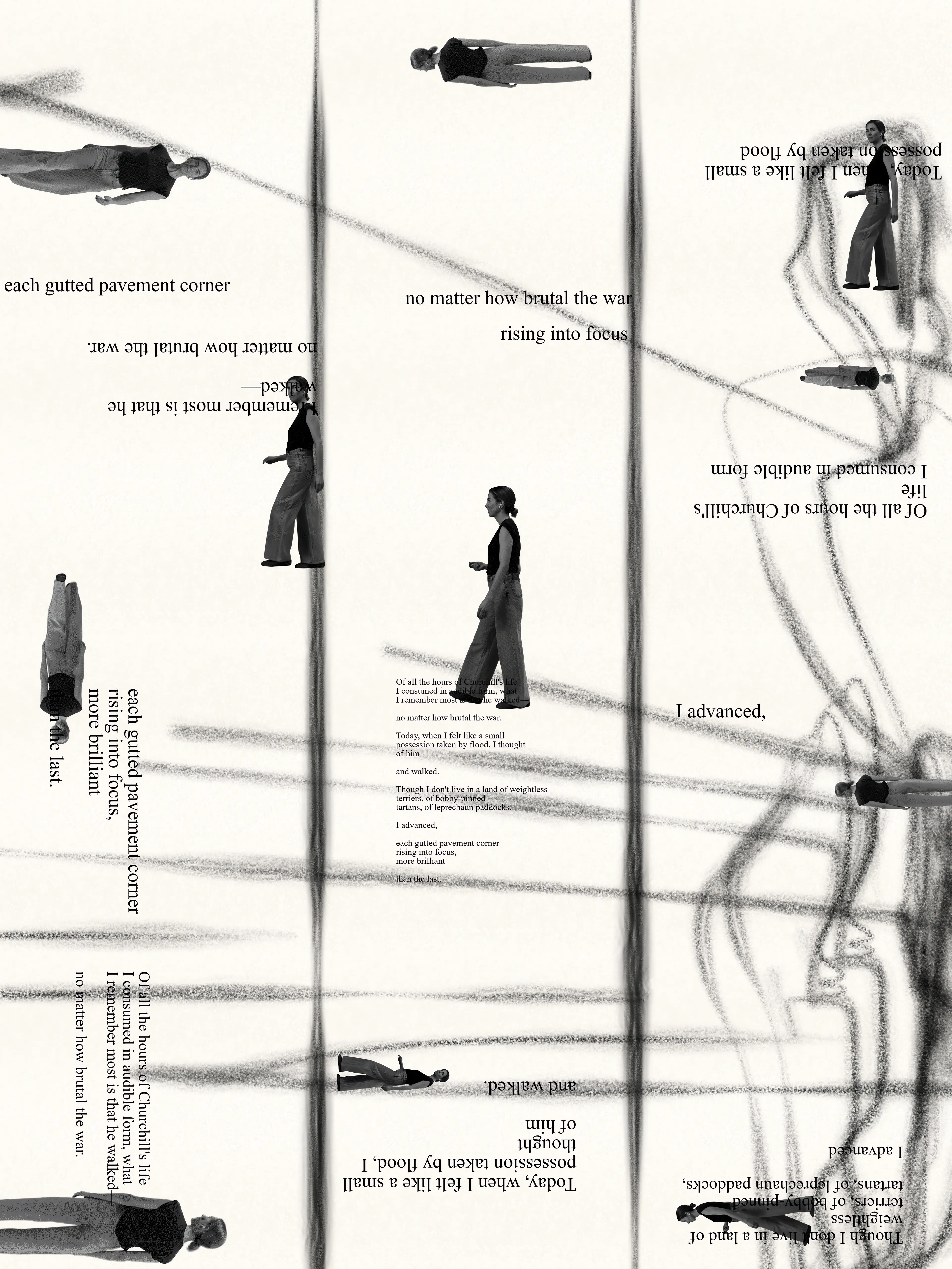 This unique generative image is part of Pace, Ana María Caballero's first multichannel installation. Caballero released a limited series of stand-alone stills, such as this one, to accompany Pace, which are offered separately from the video editions.  

Each edition is designed to emulate an unbound folded book. These compositions draw on a visual language developed in the poet's prior works, where she transformed verse into handmade marks by applying chalk and acrylic paint to her body while performing her choreographic poems. 

Scattered moments from Caballero’s choreography contextualize this mark-making as they dance between the words of the poem on the page. The resulting etchings speak an evocative, guttural language, a poetic mark-making that transmits the immediacy and urgency of performance. 

About Pace:

In Pace’s first video work, Caballero pays homage to Pipilotti Rist’s Ever Is Over All and proposes an evolution in personal empowerment. Whereas Rist’s protagonist symbolically takes down failed systems, Caballero’s main character practices radical repair.

Pace posits that private joy is as powerful a form of resistance as destruction.

Caballero stars in her own work, performing gleeful movements rooted in Latin American salsa music, which she grew up dancing and accesses as a source of resilience. As she advances, urban wreckage repairs.

By contrast, in Rist’s work, a woman smashes car windows with a flower as she walks down a street, an exuberant smile on her face, similar to the smile she’s given by a passing policewoman, who presumably approves of the destruction.

The works are connected through the protagonists’ outward and exaggerated expressions of self-possessed joy and their public (and thus out-of-place) physicality. Both works are also linked through the protagonists’ red shoes, signaling confidence in the trodden path. 

Madrid’s Calle del Barquillo is recreated through AI because a pharmacy that bore her father’s name, F. Caballero, existed there. Caballero pilgrimed here daily as she mourned her father’s death, finding solace in its presence.

Pace is the first film from Caballero’s ongoing Literal Litoral series of choreographic explorations that combines her live, performed poetry with cinematic AI. 

The second video consists of coded visuals, the result of a custom algorithm that reads Caballero’s body-in-motion and translates it into graphic marks, ​​probing the connection between embodied experience and our attempts to record it.

We often believe we need to venture outwards to connect with nature. But our bodies themselves are nature. Rist’s video pairs gleeful destruction with out-of-focus flowering scenes. Caballero pairs radical repair with the body-as-sign, proposing closer relationships with ourselves as a first approach to systemic transformation.

Custom algorithm by Cameron Nelson. 

anamariacaballero.com