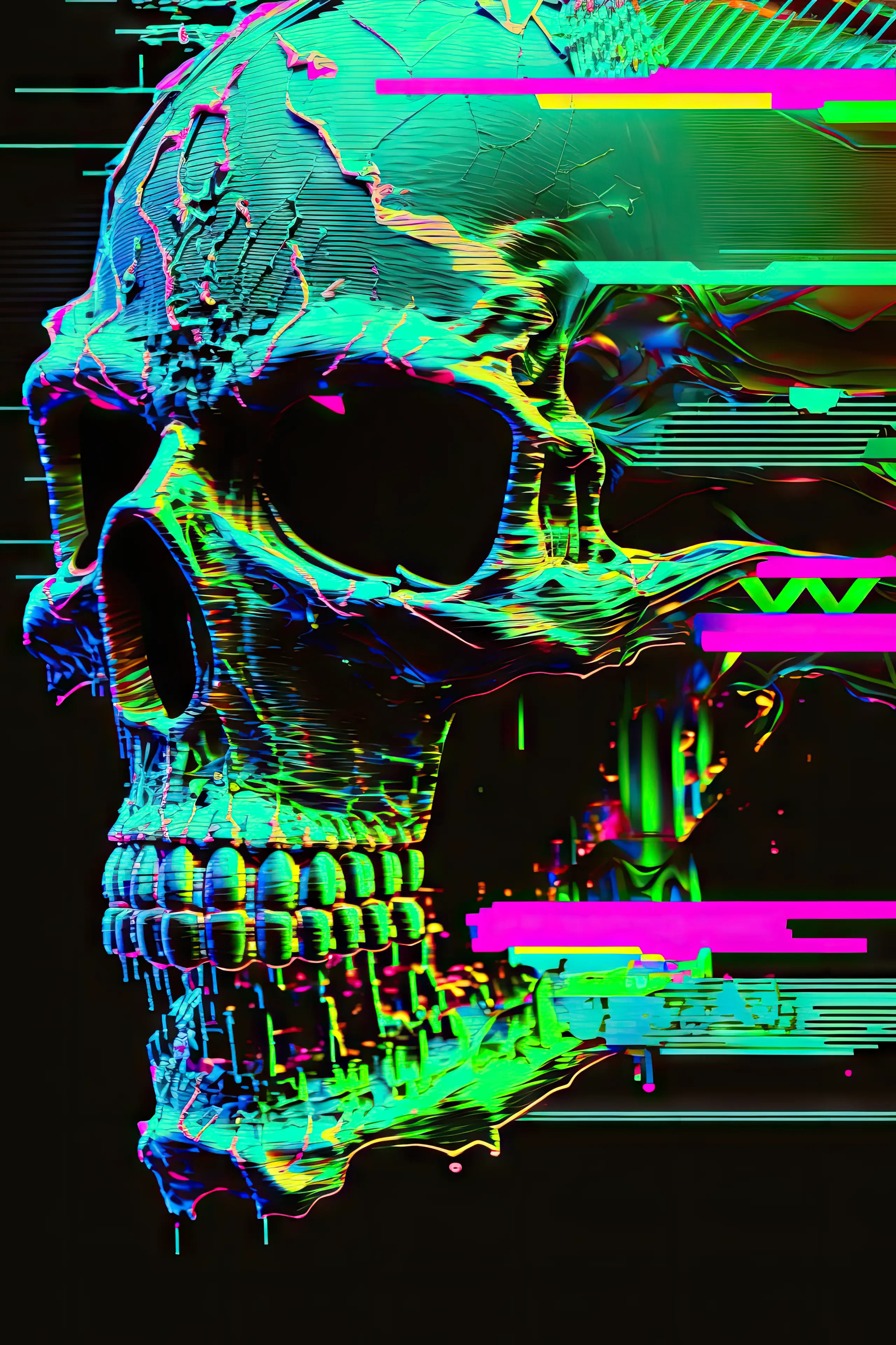 Interpolating multiple analog VHS video glitch still images and text prompts with AI. This piece is a combination of two analog video glitch images and the original text prompt from the DEAD AI series.
