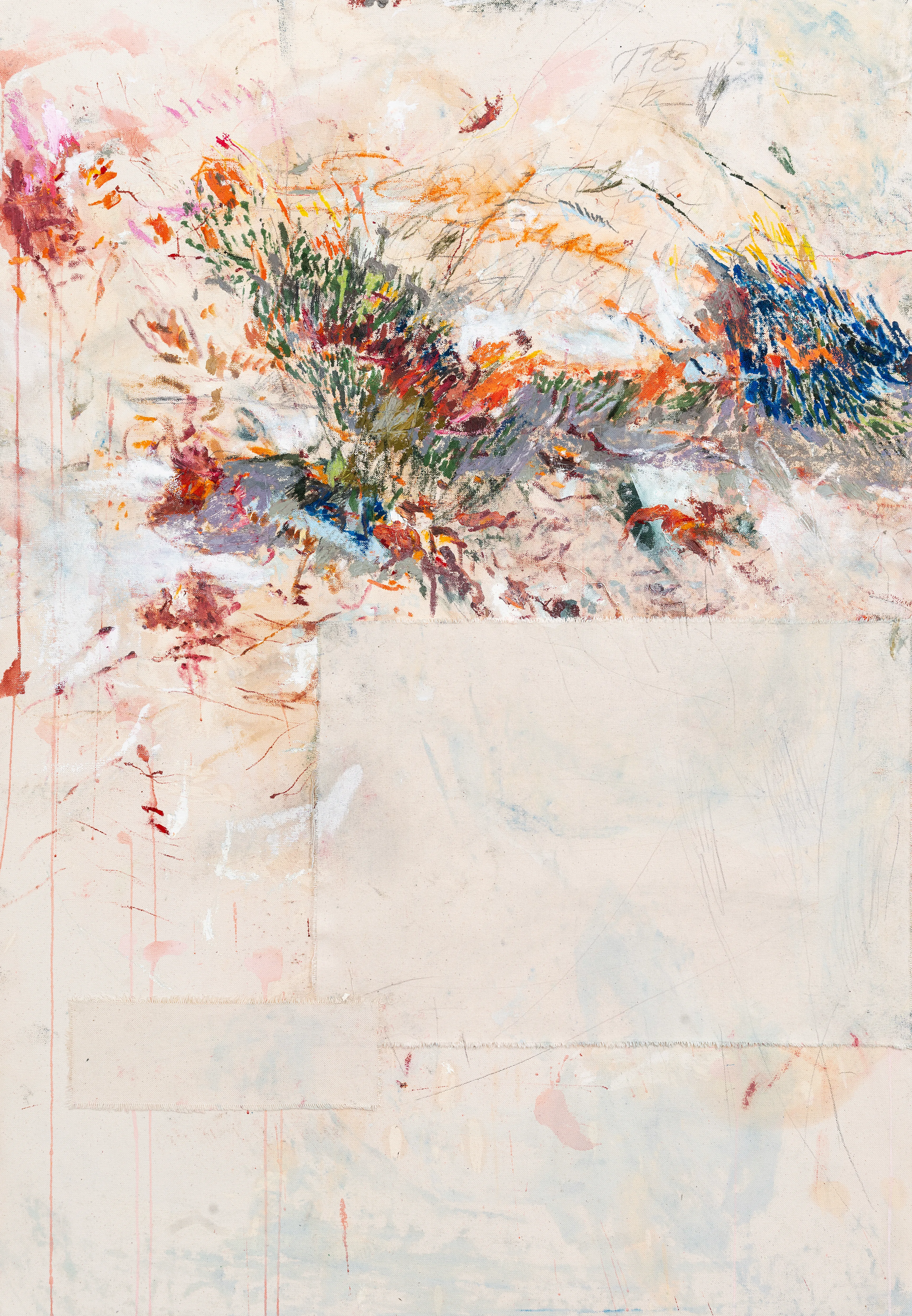 Oil, pencils, collage, acrylic, ink, pigment stick on canvas 70 x 100 x 5 cm / 27.5 x 39.4 x 2 in