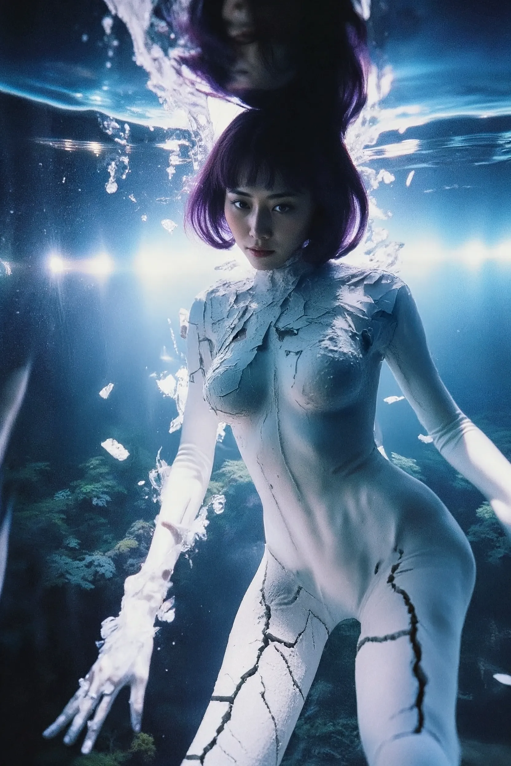 This self-portrait presents a "singular self" in contrast to the anonymity of the crowd. Yet, even this "one" can be easily divided and distributed through the gaze of others or by algorithms. The artist inscribes this paradox of being "singular, yet shared" onto her own image.

Here, the artist re-enacts the role of Motoko Kusanagi from Ghost in the Shell. This is not a mere costume imitation but an attempt to take on the identity of a cybernetic being through her own body. Kusano is simultaneously "herself" and a "vessel for a narrative" that traverses reality and fiction.

The "one" here refers not to a numerical unit but to "oneness"—a state where a single entity contains multiple properties, and where the many cohere into a whole. This self-portrait thus visualizes the coexistence of "one and many" in a contemporary context, revealing the fundamental structure of the self, in which the "one" is only constituted through its relationship with the "many."  
