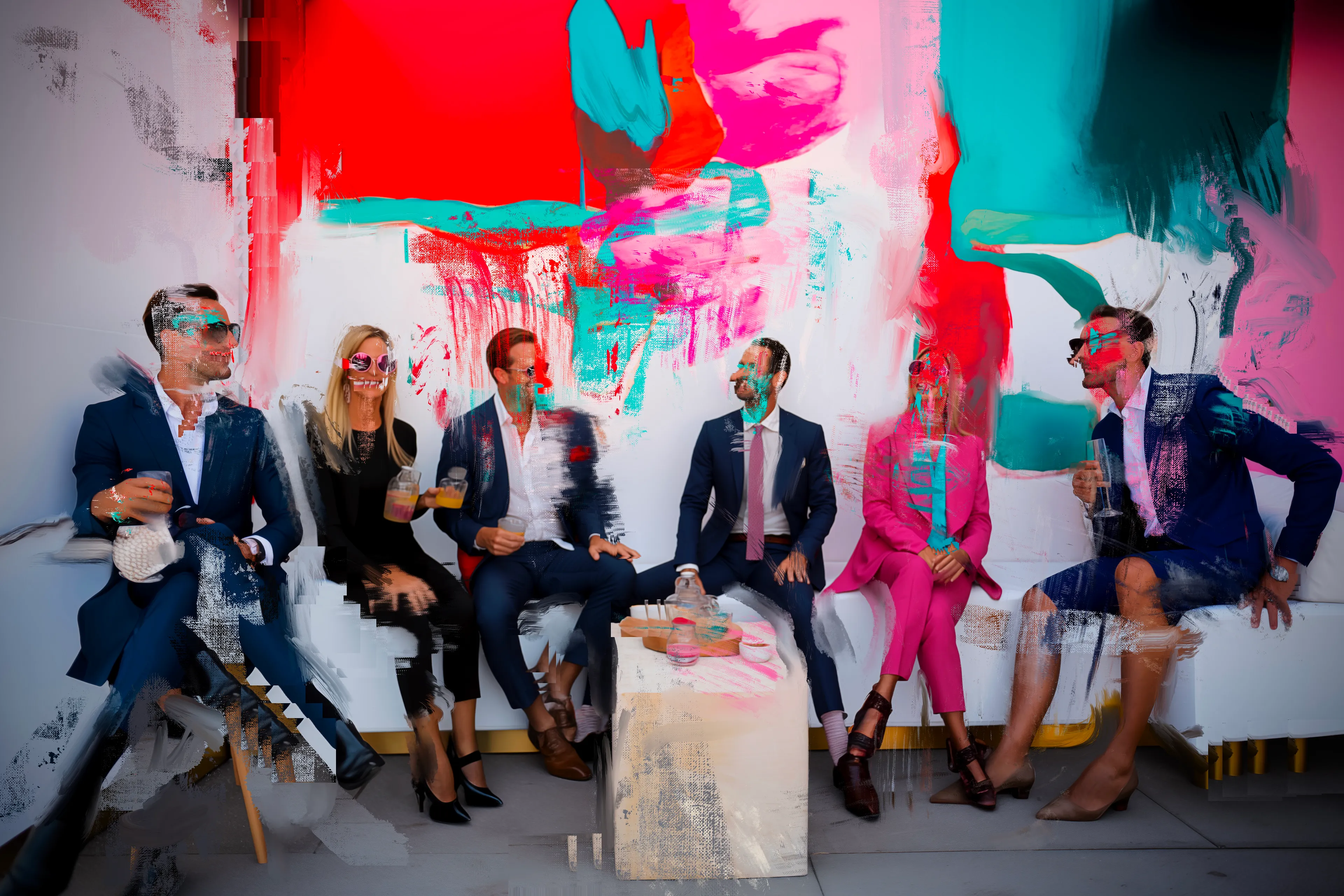 Harman's 'Curator's Corner' is a dazzling critique, a canvas teeming with color and chaos, capturing the essence of a contemporary art scene drenched in nepotism. The subjects, a cadre of neo-liberal curators in their prime, are immortalized in their revelry, cloistered in exclusivity, basking in the glow of self-congratulatory banter. Their laughter, a symphony of self-referential echoes, bounds off the walls of the very institutions they populate with their cronies' creations. 

Here is a satire, bold and unapologetic, a jubilant jab at the merry-go-round of artistic favoritism, all wrapped in the vivid veneer of faux camaraderie.