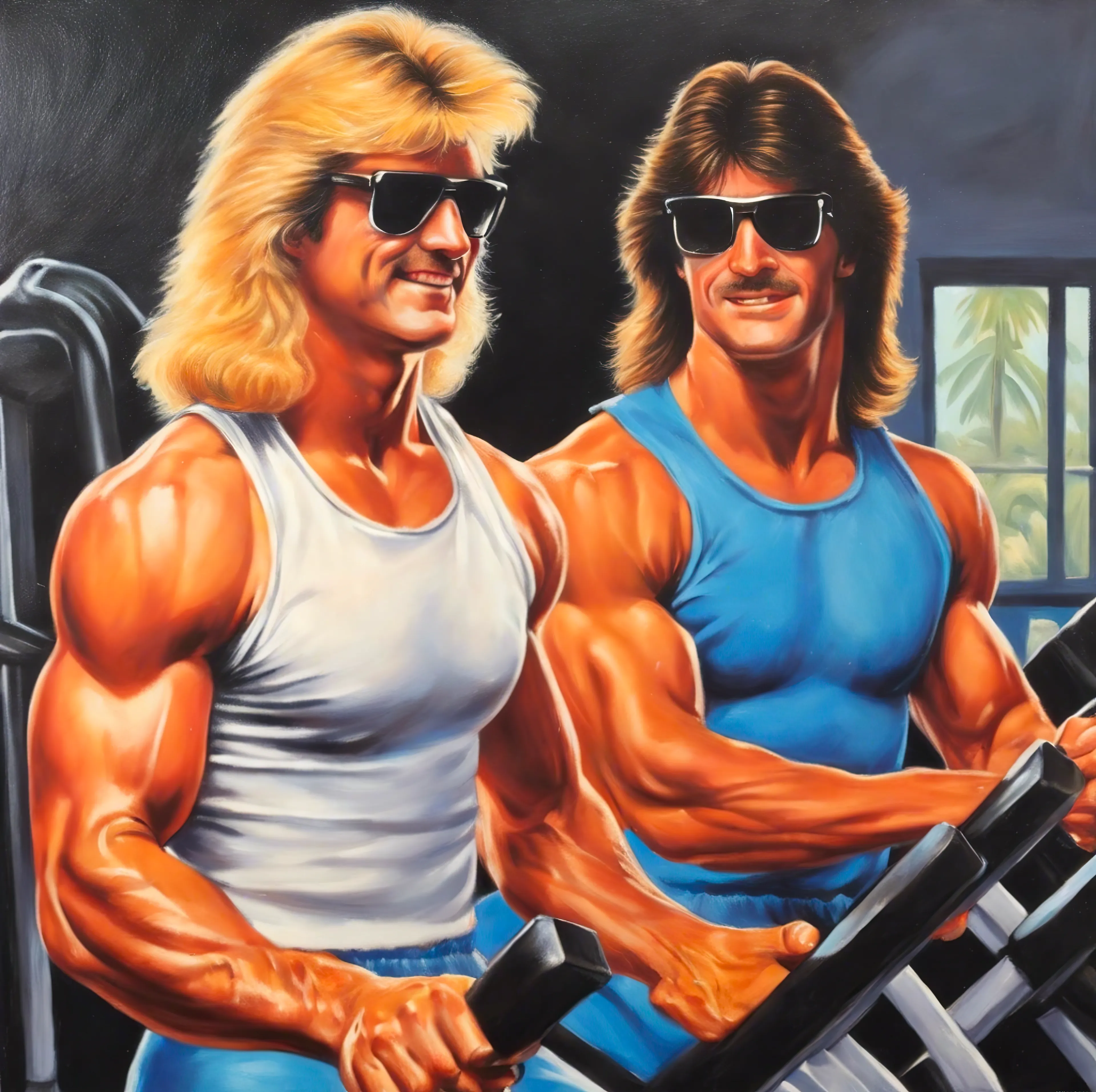 "Miami Workout Heroes" unfurls across the canvas with a bombast that's as subtle as a sledgehammer – and just as impactful. It's a visual symphony where the gym is the stage and brawn is the ballet. Each muscle is a brushstroke of bravado, each dumbbell curl a choreographed gesture of defiance against the mundane.

Our heroes, clad in the bare minimum, elevate the act of exercise to a ritual. The sunglasses? Not mere accessories but shields, guarding against the glare of a world less extraordinary. They are the cool incarnate, the effortless alpha, the zenith of the workout pantheon.

This is a painting where the medium of oil becomes testosterone, the canvas a sweat-soaked tapestry. It's a celebration of aesthetic excess, where the pursuit of physical perfection is rendered in a hyperbole of hues.

"Miami Workout Heroes," it's big, it's gutsy, it's figurative painting that grabs you by the lapels and demands attention – a loud, unapologetic paean to the art of muscle.






