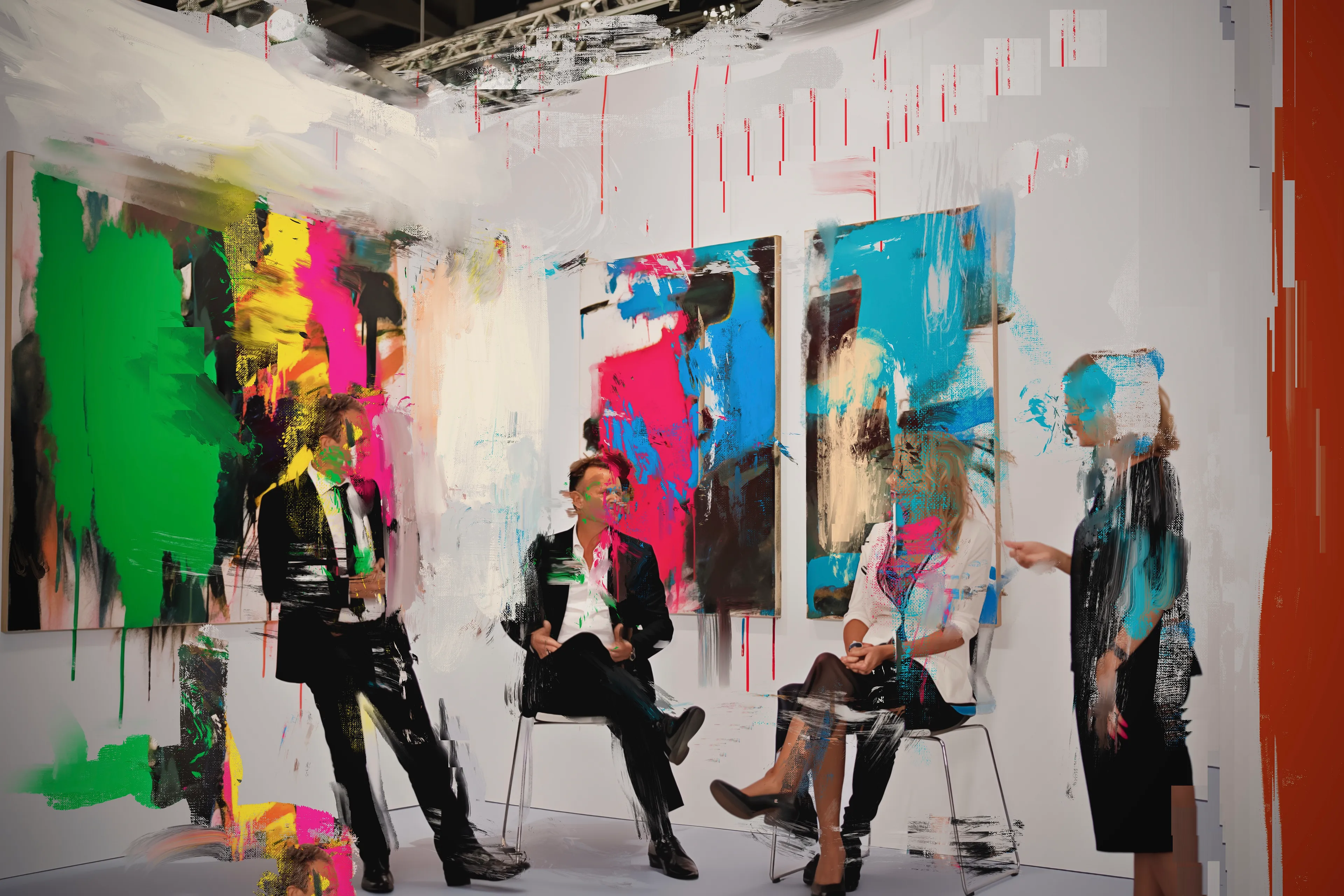 "New York Slick" is a painting bustling with the art world's reality. Mr. Slick, with his sharp suit and silver tongue, is a maestro of sales, his presence as bold as the abstract art he sells. Around him, his protégés absorb his artistry in persuasion, each gesture a lesson in the dance of deal-making. 

The painting is a vibrant blur, where colors clash and calm, mirroring the dynamism of an art fair. It's a performance where art's value is woven through dialogue and presence, and Mr. Slick is the conductor, his understudies the eager orchestra, and the canvas a symphony of market-savvy spectacle.