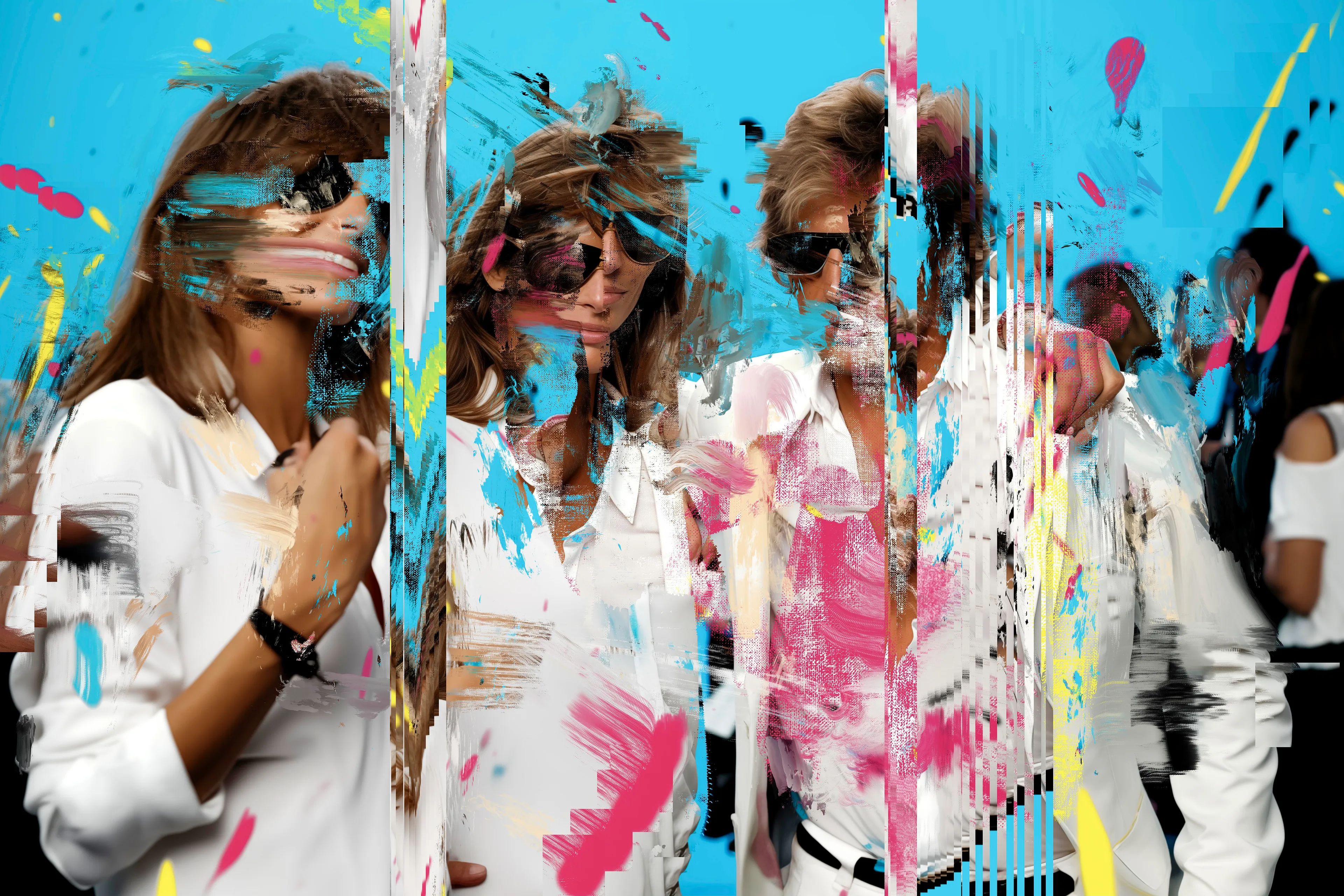 In "Three Collectors," the white garb is as much a statement as the art they clutch—a blank check of emotion in a carnival of commerce. Is their laughter heart-felt or a well-bought façade?

Harman flings a digital distortion across the canvas, a nod to the art world's frenzy, where genuine and artificial are bedfellows. It asks us: Do we revel in the art or the act of acquisition? This isn't just art; it's a mirror to our own ambiguity, challenging us to discern the authenticity of our joy amidst the curated chaos of collection.