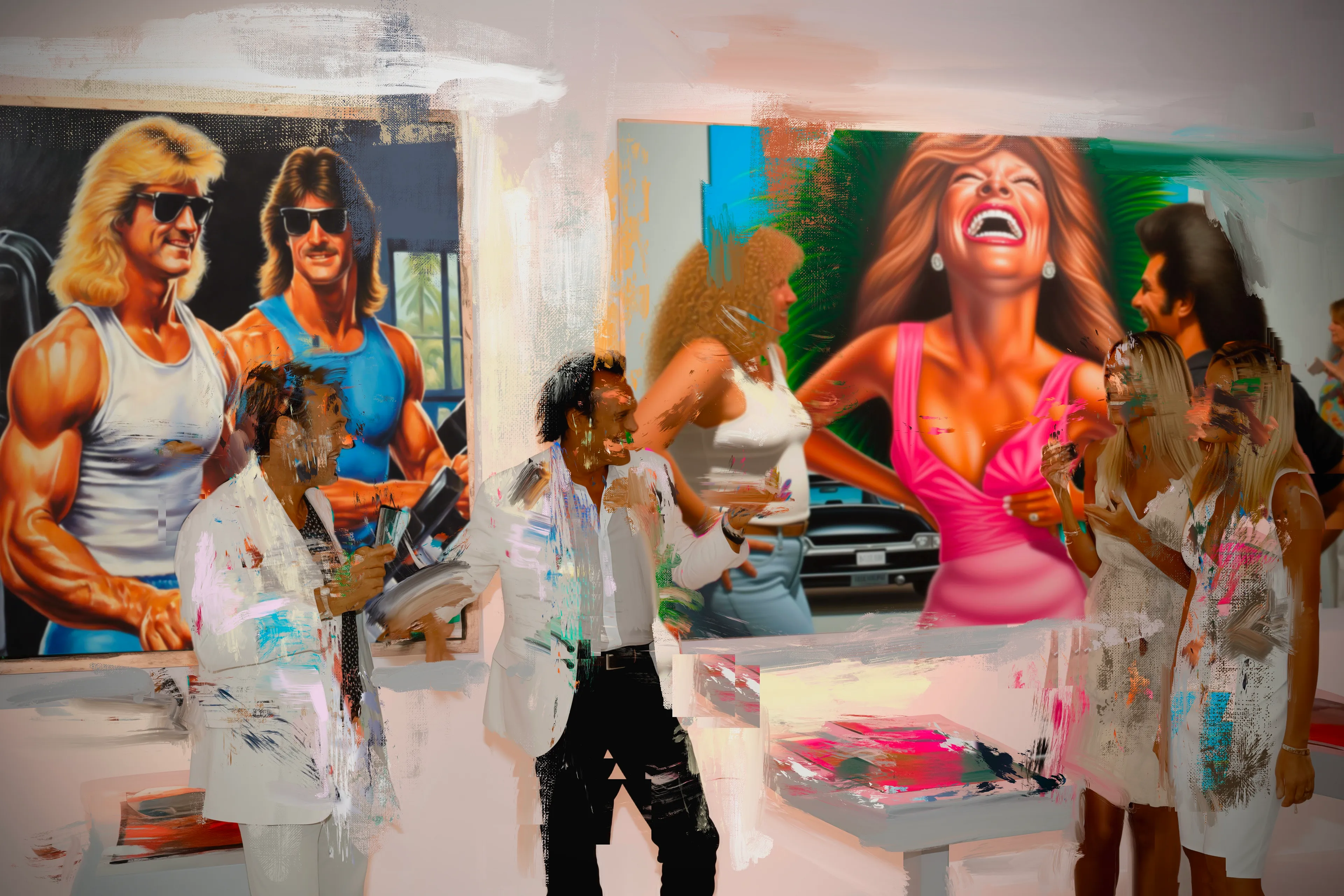 Ah, "Gallery Miami Yeeaaah!"—where the sun-drenched euphoria of Miami is slapped onto canvases with the subtlety of a wet fish. Here stand our valiant gallery gladiators, armed with charm and chutzpah, peddling these bombastic bastions of brushwork. They're not just selling paintings; they're selling sun-soaked fantasies, each brushstroke a ticket to the pulsating heart of Florida's art bacchanalia.

The art screams in technicolor, figures flexing and grinning with an intensity that could burn holes through your retina. It's art that doesn't whisper sweet nothings; it roars 'Look at me!' with the subtlety of a neon Speedo on South Beach. Our gallery heroes, bless their souls, are the ringmasters of this circus of excess, spinning stories that could convince you that owning one of these titans of tawdriness is not just a purchase—it's an initiation.