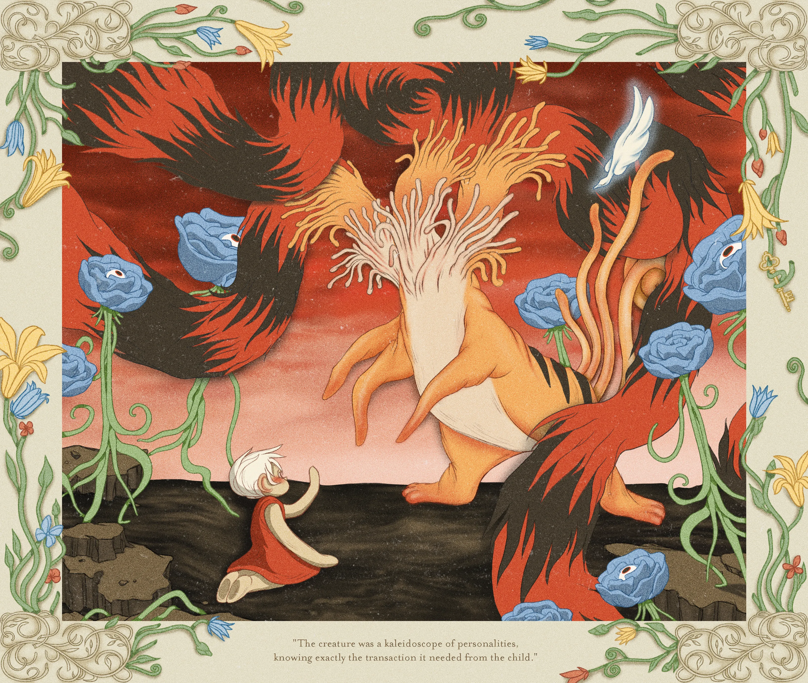 “Perils of Sēsē” is an illustrative generative-meets-hand drawn digital art series by All Seeing Seneca. The artwork pays homage to the aesthetics and structure of storybooks and analog animation techniques, revealing the artist’s take on the generative genre. Seneca tells a new nonlinear, abstract narrative about the reflection of Self.