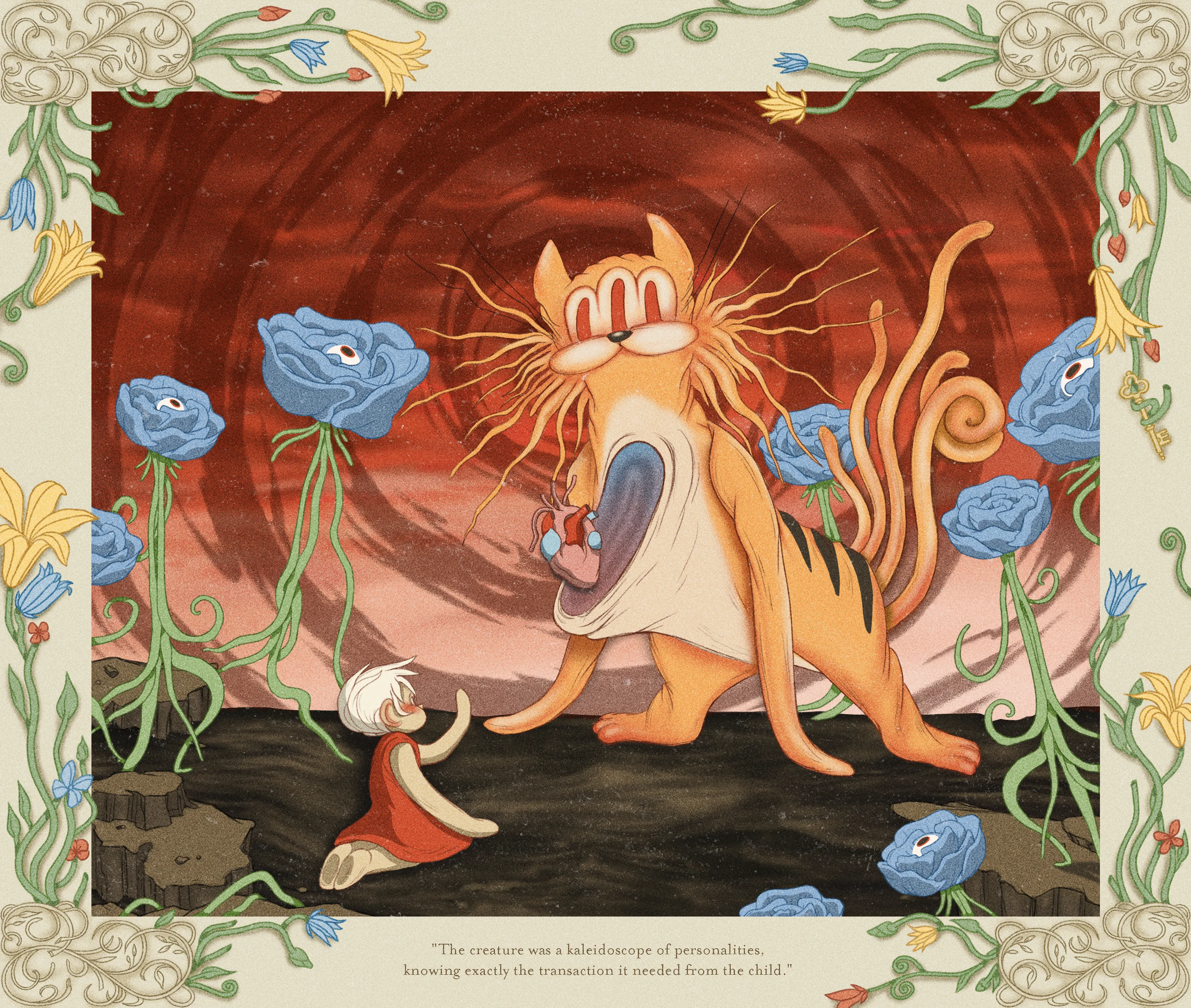 “Perils of Sēsē” is an illustrative generative-meets-hand drawn digital art series by All Seeing Seneca. The artwork pays homage to the aesthetics and structure of storybooks and analog animation techniques, revealing the artist’s take on the generative genre. Seneca tells a new nonlinear, abstract narrative about the reflection of Self.