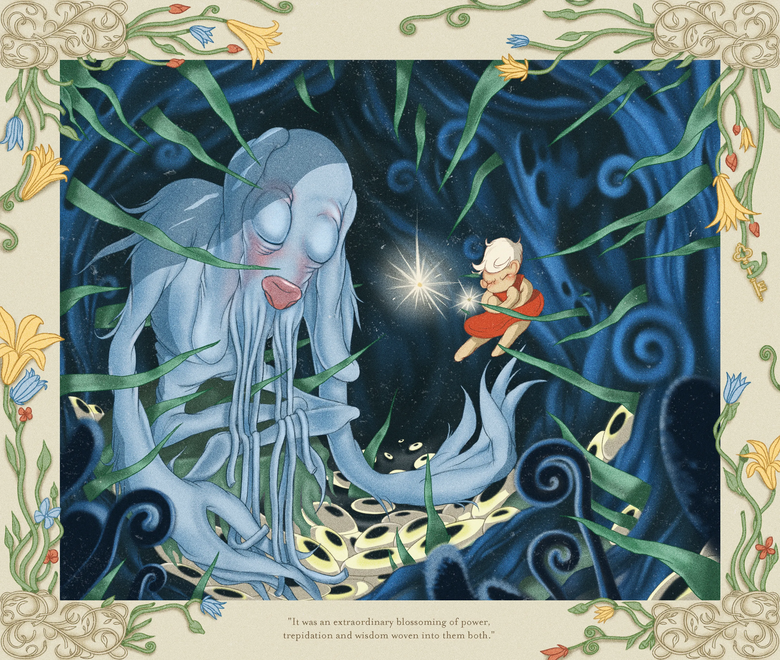 “Perils of Sēsē” is an illustrative generative-meets-hand drawn digital art series by All Seeing Seneca. The artwork pays homage to the aesthetics and structure of storybooks and analog animation techniques, revealing the artist’s take on the generative genre. Seneca tells a new nonlinear, abstract narrative about the reflection of Self.