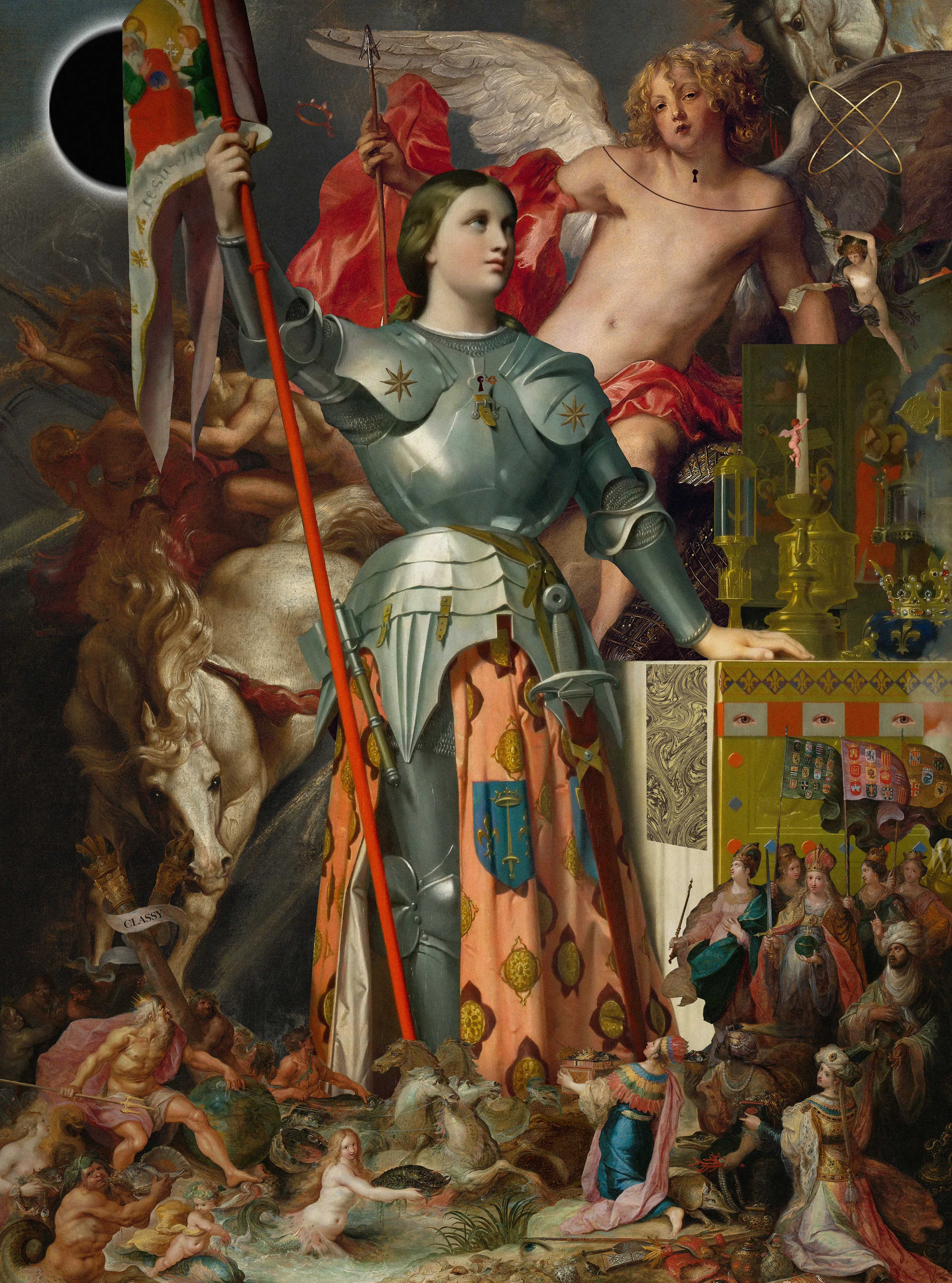 St. Joan of Arc (born c. 1412, Domrémy, Bar, France—died May 30, 1431, Rouen; canonized May 16, 1920; feast day May 30; French national holiday, second Sunday in May) was a national heroine of France, a peasant girl who, believing that she was acting under divine guidance, led the French army in a momentous victory at Orléans that repulsed an English attempt to conquer France during the Hundred Years’ War. Captured a year afterward, Joan was burned to death by the English and their French collaborators as a heretic. She became the greatest national heroine of her compatriots, and her achievement was a decisive factor in the later awakening of French national consciousness.

Artwork created by 1dontknows (2025)  
Mix media (Digital collage and Digital painting)

