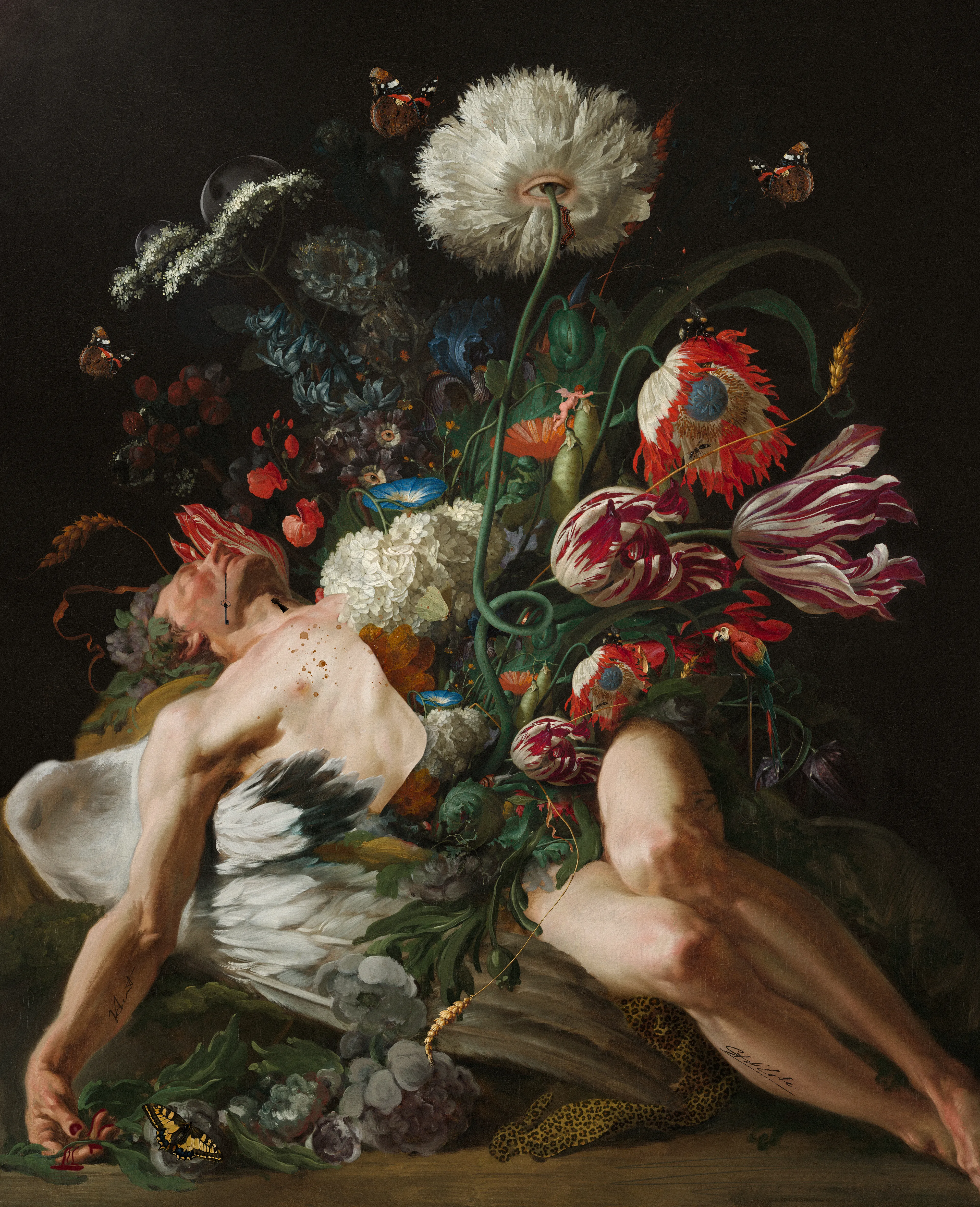 The boundary between beauty and decay collapses. A haunting yet exquisite vision where human fragility merges with nature’s wild resurgence. The vibrant tulips and peonies, some drooping, remind me of how fleeting beauty can be. Life blooms from death.