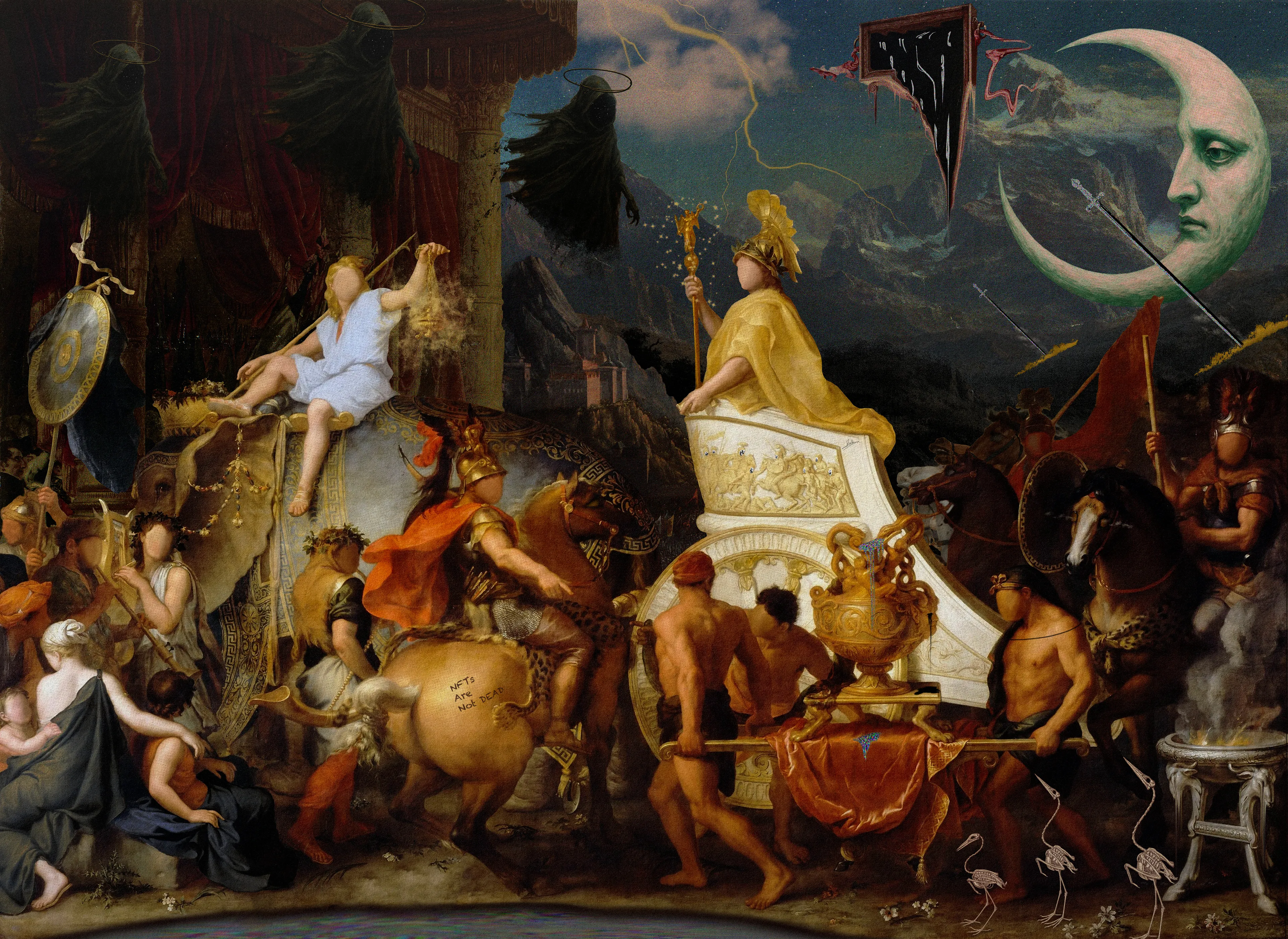 The ceremony continues,  
long after its meaning has been lost.  
Golden relics shimmer,  
but the silence weighs heavier than memory.

Mixed media - digital collage x digital painting (2025)