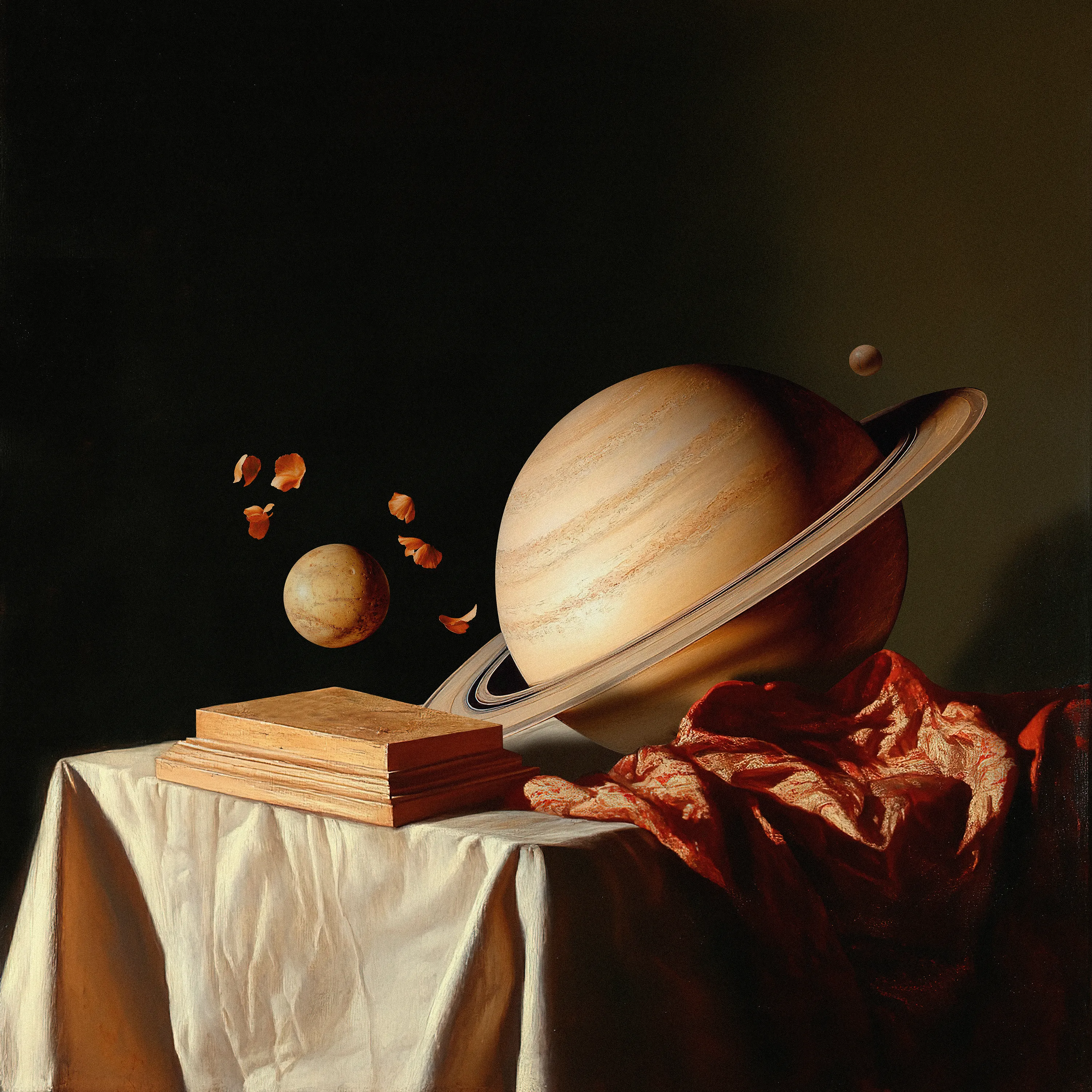 A cosmic reinterpretation of the classic genre of still lifes.

Fran Rodríguez aka lacabezaenlasnubes (spanish for "head in the clouds") is a digital artist based in Spain. He is famously known for his striking images depicting his interpretation of humanity’s place in the universe. Fran’s work is deeply inspired by his early fondness of surrealism and psychedelia. In his 20 year career, he has worked with bands such as Weezer, Tame Impala and Tycho creating visual elements for their concerts and albums and his work is exhibited and sold all over the world.
