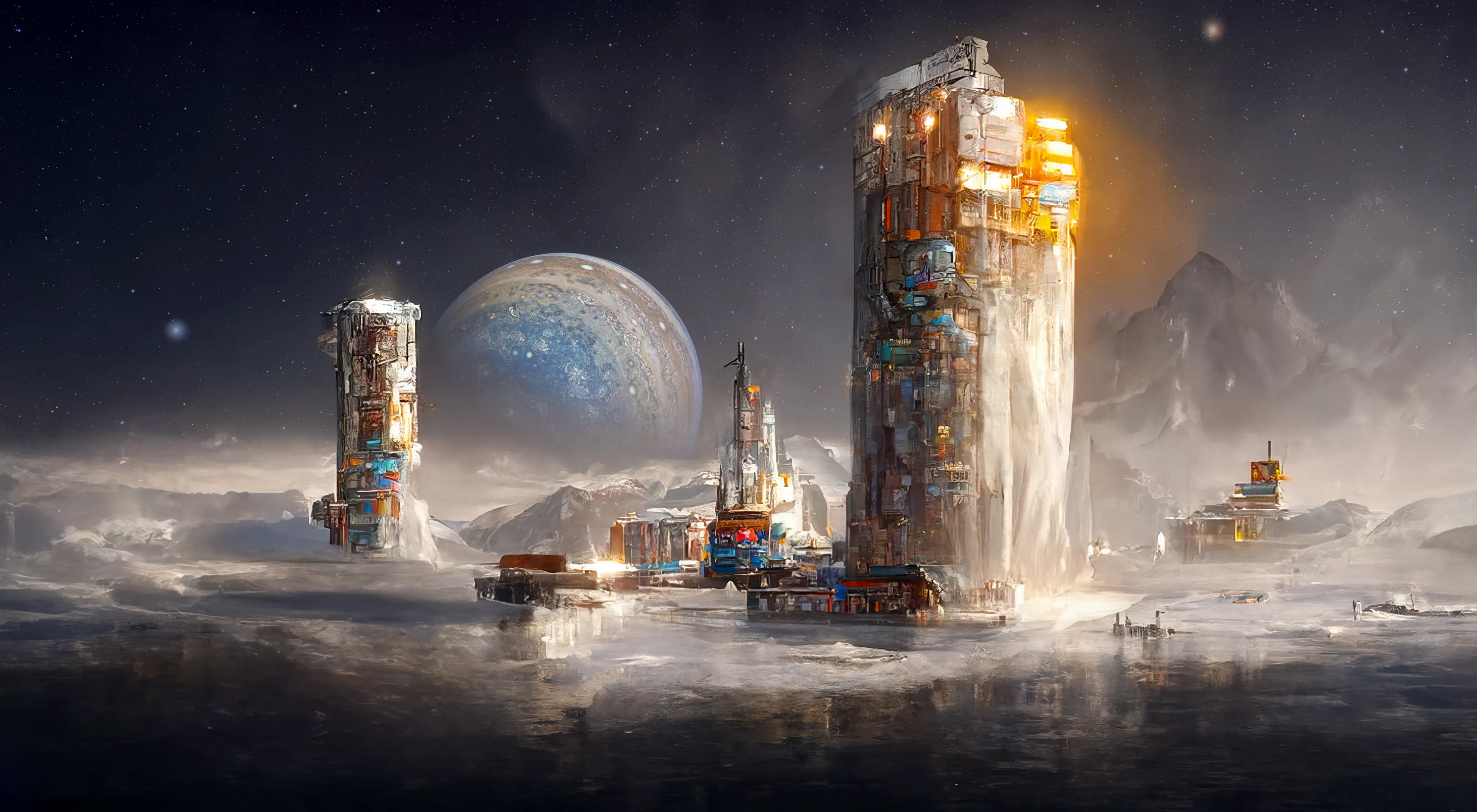 Chillspire is a remote dwarf planet located at the very edge of a vast solar system orbiting Alnilam, a large blue supergiant star 2000 light-years from Earth in the constellation of Orion. Chillspire is dark, cold and whipped by supersonic winds. 

The planet's surface is a dense fluid of icy materials, water, methane, and ammonia over a small rocky core. The planet is so remote from its star that it never sees any seasons, and exists in endless deep winter. Life is obviously impossible on this planet, the conditions are too violent and anything that reaches the planet is destroyed in its violent surface environment.  

Chillspire unique remote location turned in its favor as the only refueling stop for deep space missions. Below its thick layer of ice crust lay one of the largest reservoirs of helium and liquid oxygen used to fuel the colony itself and a wide range of mining and exploration ships passing by out and then back into the galaxy center.  

Artwork Date: May 2022