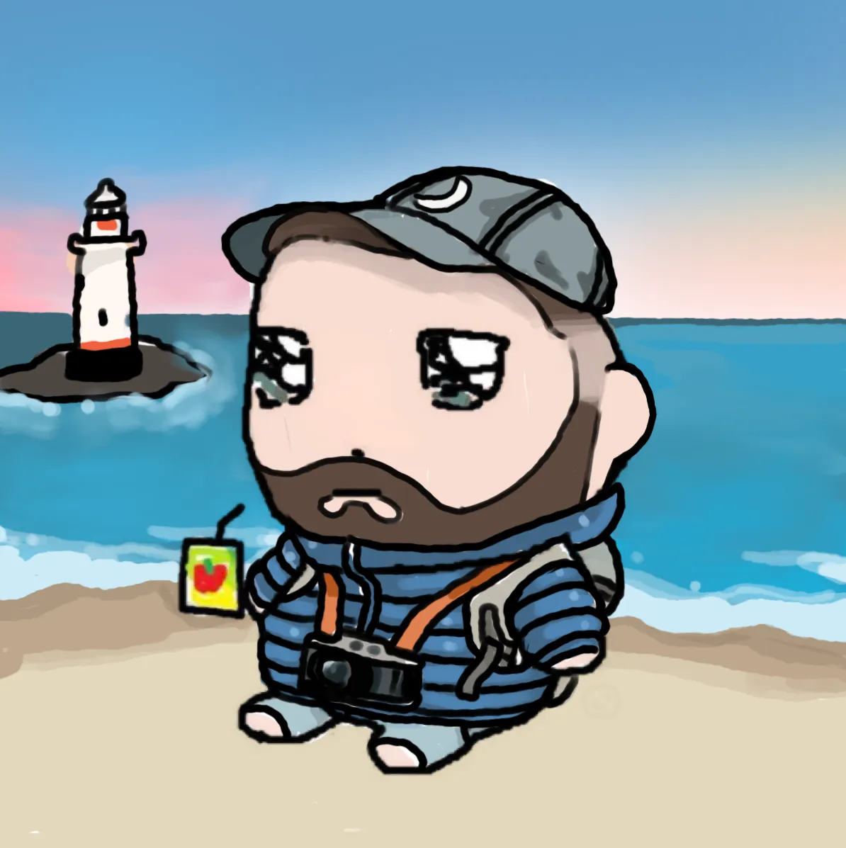 look at him just sippin by the shore, lookin at the lighthouse *sip* :)