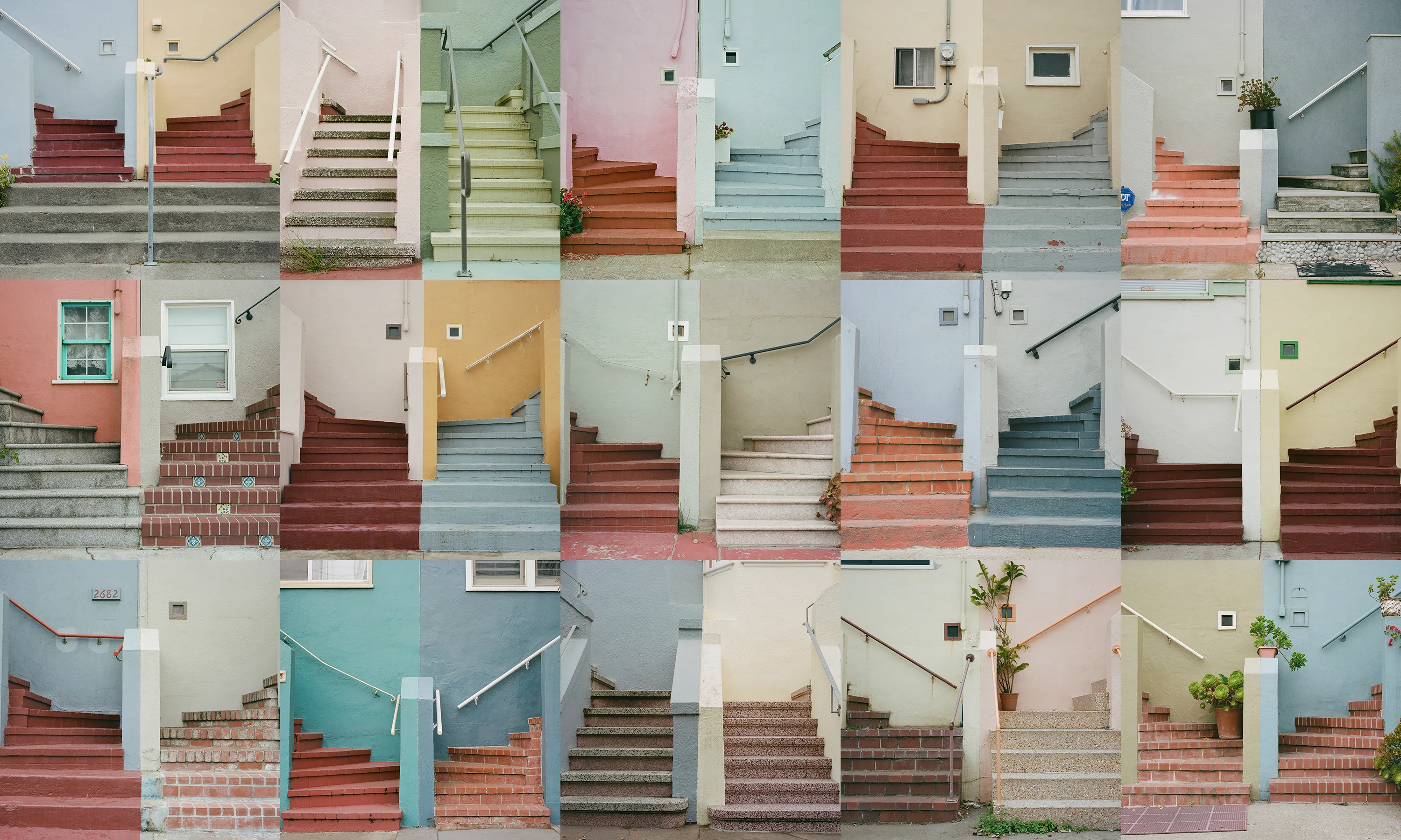 "Come Together" is a limited series, showcasing the Outer Sunset in San Francisco, CA. This iconic neighborhood is full of homes painted in a wide range of colors. Every home has its own distinct identity, created through: decoration, textures, colors, and other personal touches.

While exploring the neighborhood, I came across a handful of homes with unique, back to back front steps. Both homes mirroring one another, offering their own personal touches, coming together to create a cohesive scene; simple, yet full of wonder.  