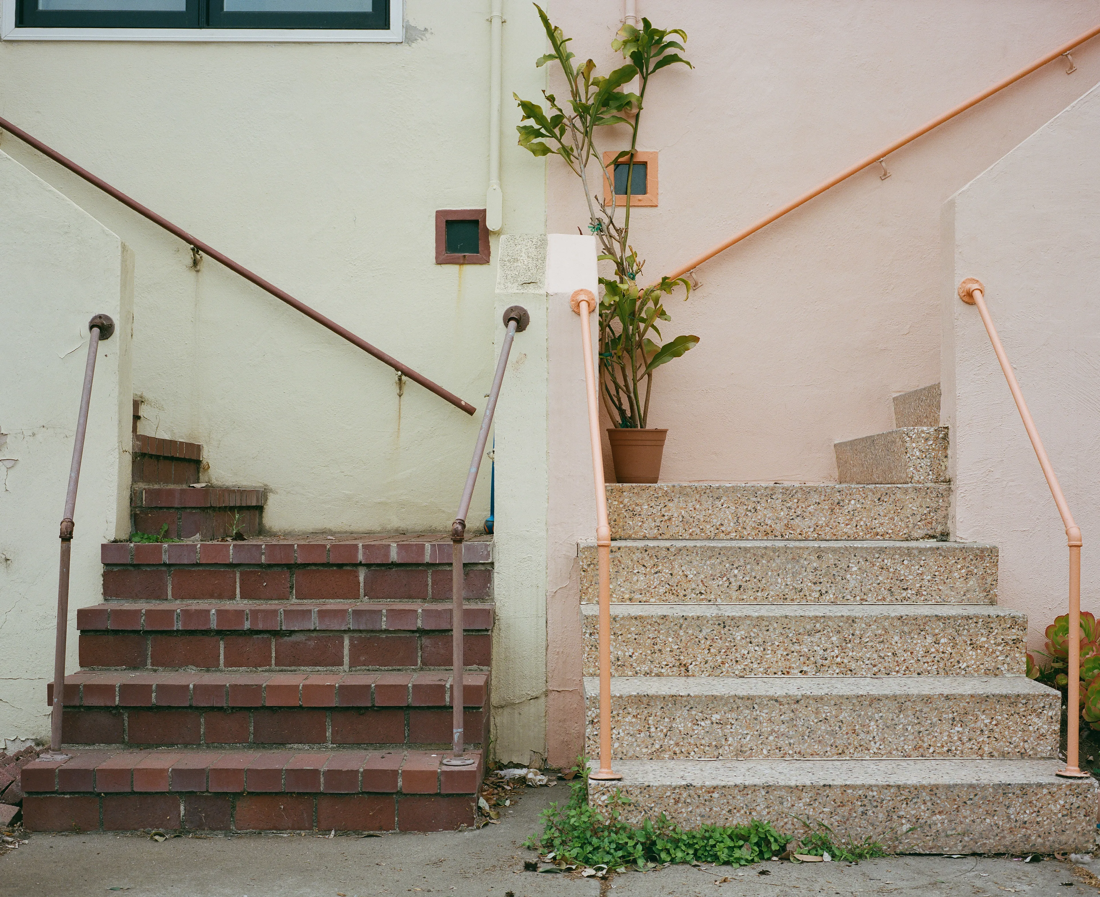 "Come Together" is a limited series, showcasing the Outer Sunset in San Francisco, CA. This iconic neighborhood is full of homes painted in a wide range of colors. Every home has its own distinct identity, created through: decoration, textures, colors, and other personal touches.

While exploring the neighborhood, I came across a handful of homes with unique, back to back front steps. Both homes mirroring one another, offering their own personal touches, coming together to create a cohesive scene; simple, yet full of wonder.