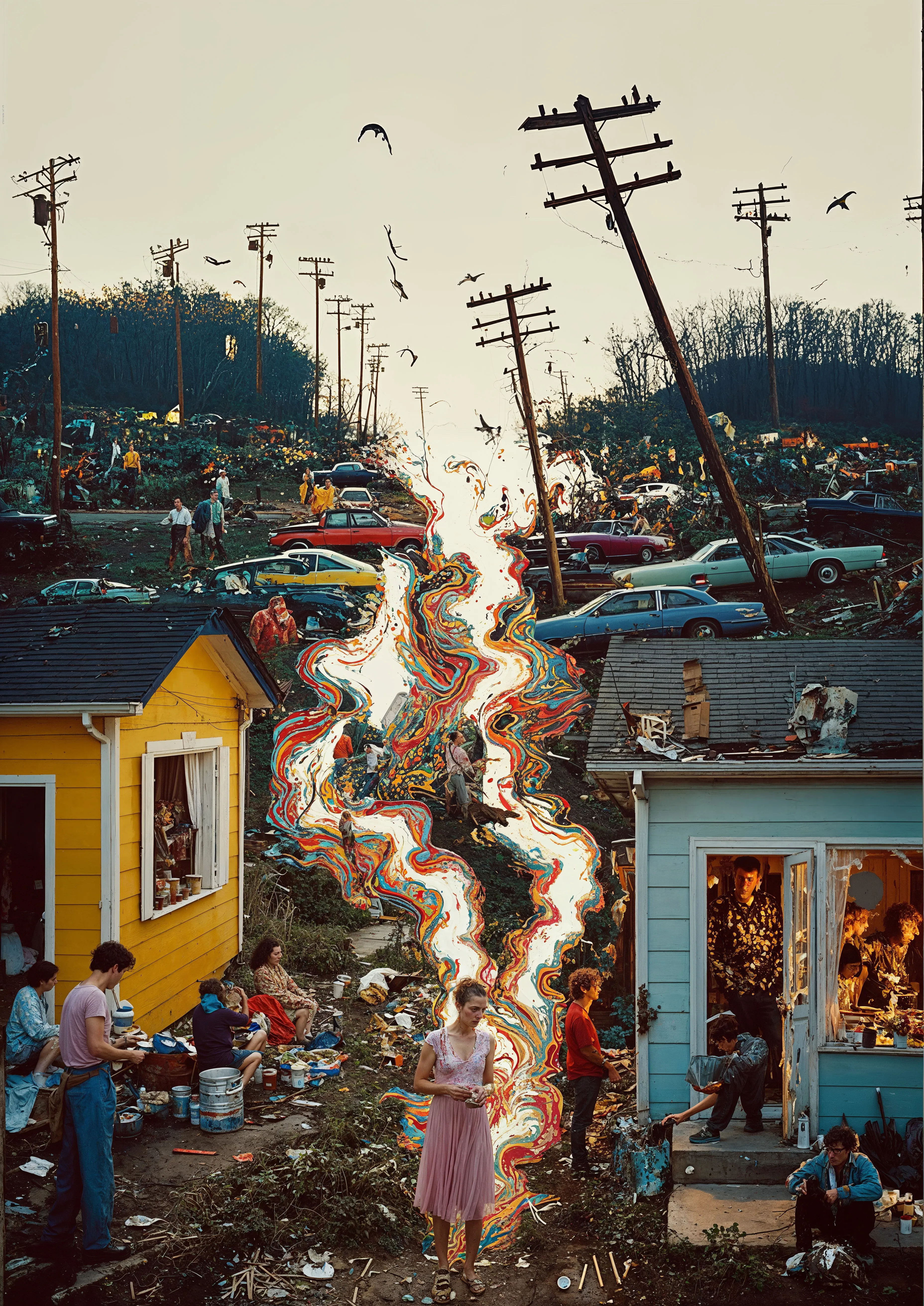 Soft Collapse is a 1/1/75 post photography collection by Nomads & Vagabonds, their first Eth mint . 

The term “Soft Collapse” was borrowed from architecture, describing gradual structural failure. Over time, it became shorthand for the slow‑motion breakdown of complex systems: economic, social, and existential.

This collection imagines suburbia from an indeterminate past slipping into drastic yet somehow unremarkable disruption, which most of its citizens have accepted with admirable, or questionable, composure.

Like the boiling frog, anything can become ordinary once you experience it enough. Using post‑photography combined with digital and AI mark‑making, these images explore the tension between obvious collapse and collective inertia.

When absurdity feels familiar, perhaps familiarity itself has become absurd.