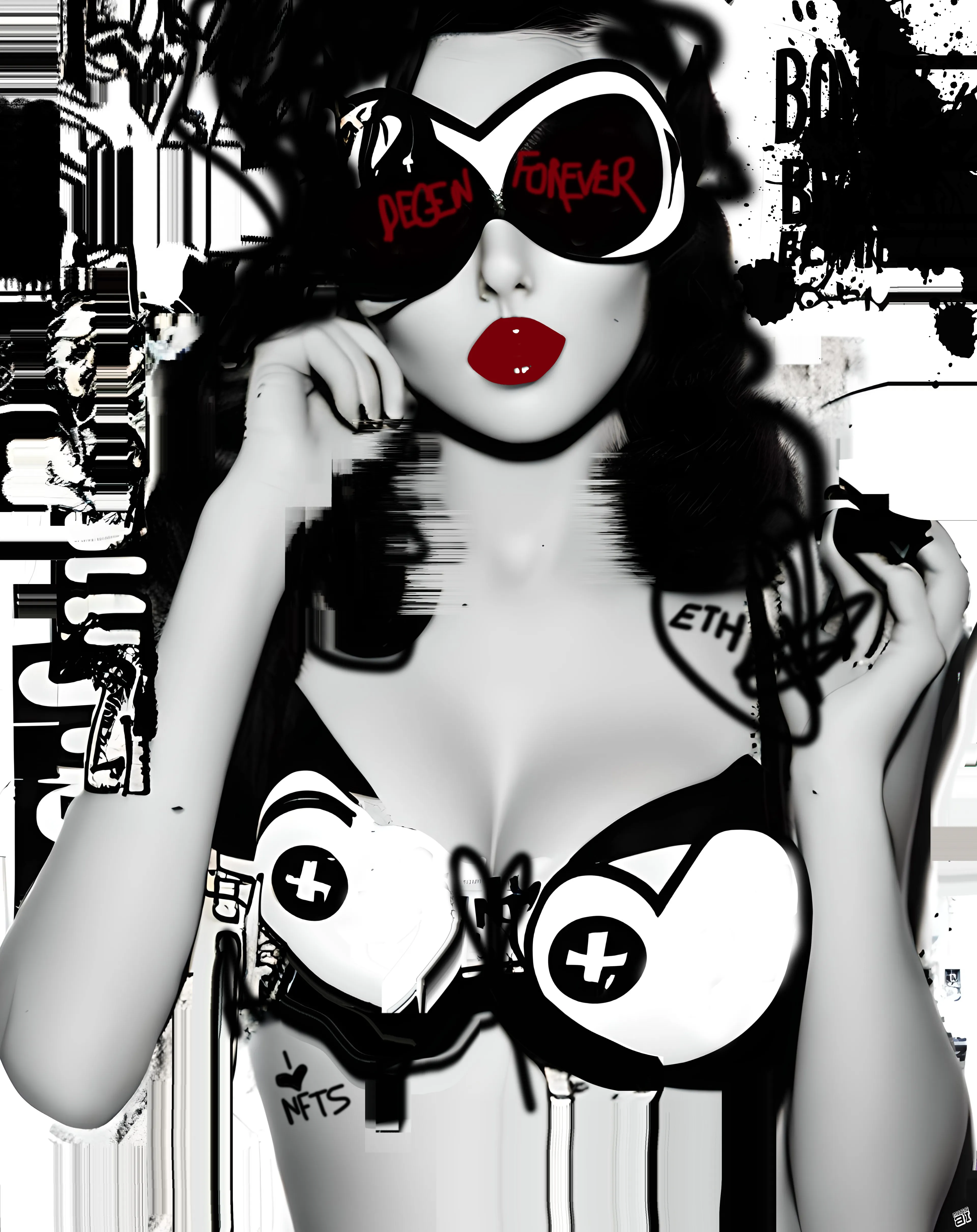 Buckle up, crypto connoisseurs and blockchain buccaneers, the "CRYPTO PIN-UPS" collection is here! This isn't just a series of digital delicacies; it's a full-on cultural cyclone that's ripping through the art world like a hash rate hurricane. 

Miss AL Simpson has captured the essence of the degen spirit – that relentless pursuit of the non-conformist, the HODLing heart of the blockchain rebel. These glitch-goddess pop art NFTs are not mere JPEGs to be flipped for a quick gain; they're your flag in the virtual ground of the metaverse, a declaration that you're not just riding the crypto wave, you ARE the wave.

Every stroke of digital brush and pixelated glitch in the "CRYPTO PIN-UPS" is a story of defiance against the traditional, a manifesto of the movement that's shaking the foundations of finance and art itself. They are the chronicles of blockchain battles, the sultry smiles of Satoshi's dreams, and the gaze of Ethereum's promise, all wrapped in a package that screams 'decentralize me'.

In the labyrinth of ledger lines and the rave of the crypto rush, these pin-ups are the siren songs, luring the true degens to the deeper waters of high art and higher stakes. To hold one is to hold a piece of the blockchain itself, a shard of the code that is the beating heart of our digital dawn.

So, are you in, or are you out? Are you ready to stake your claim with the "CRYPTO PIN-UPS", to embed your essence in the immutable ledger of art history? 

Collect your own "CRYPTO PIN-UP" and hodl her closely...