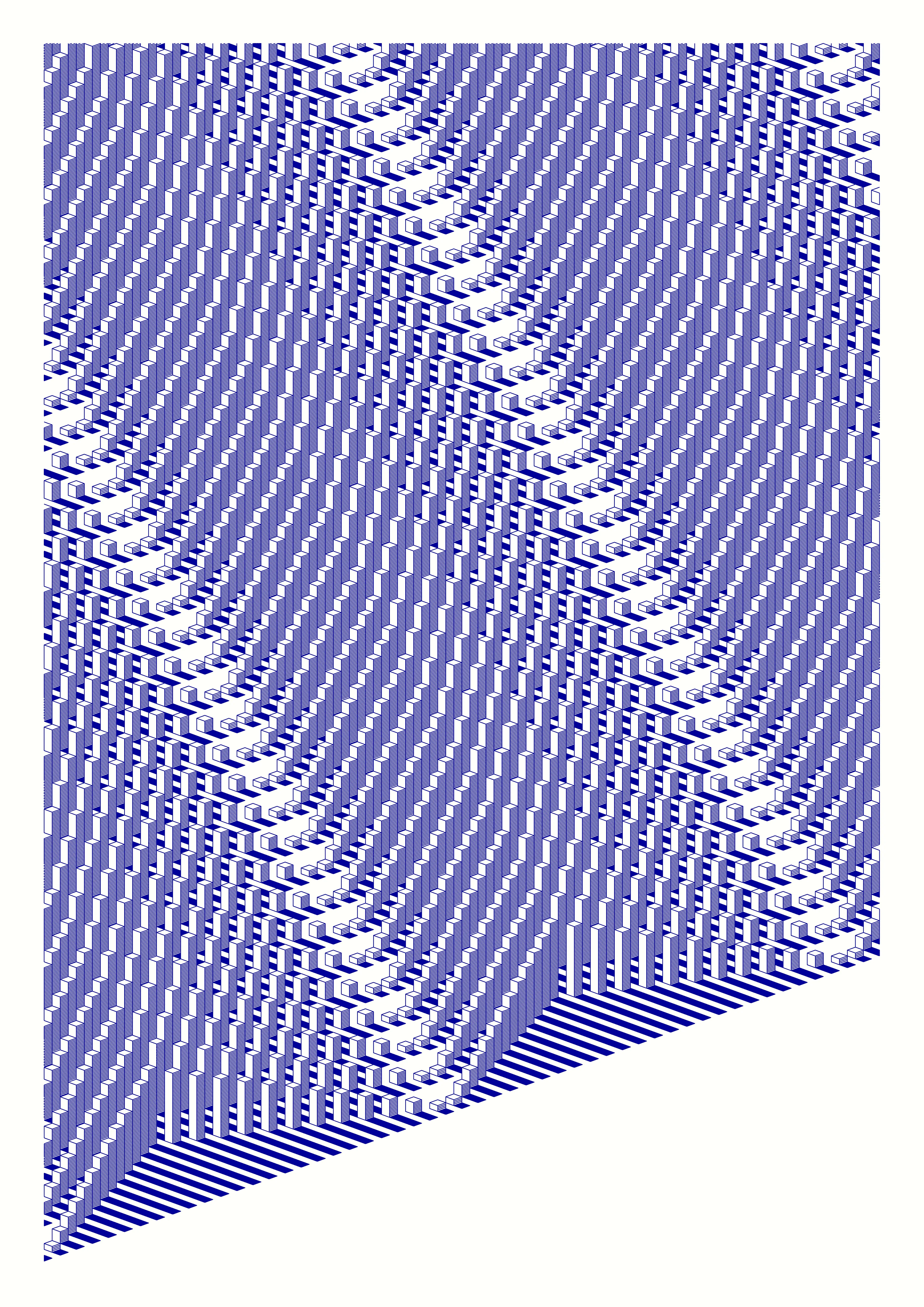 "Alas we saw nothing. It was only when our gaze fell on our shadows did we begin to see."

Utopias of the Damned —

Digital: 5000w x 7070h px | High Resolution JPEG.
Plot: On request you will receive an A2 plot of this artwork (1 of 1).
Generative art using Processing.