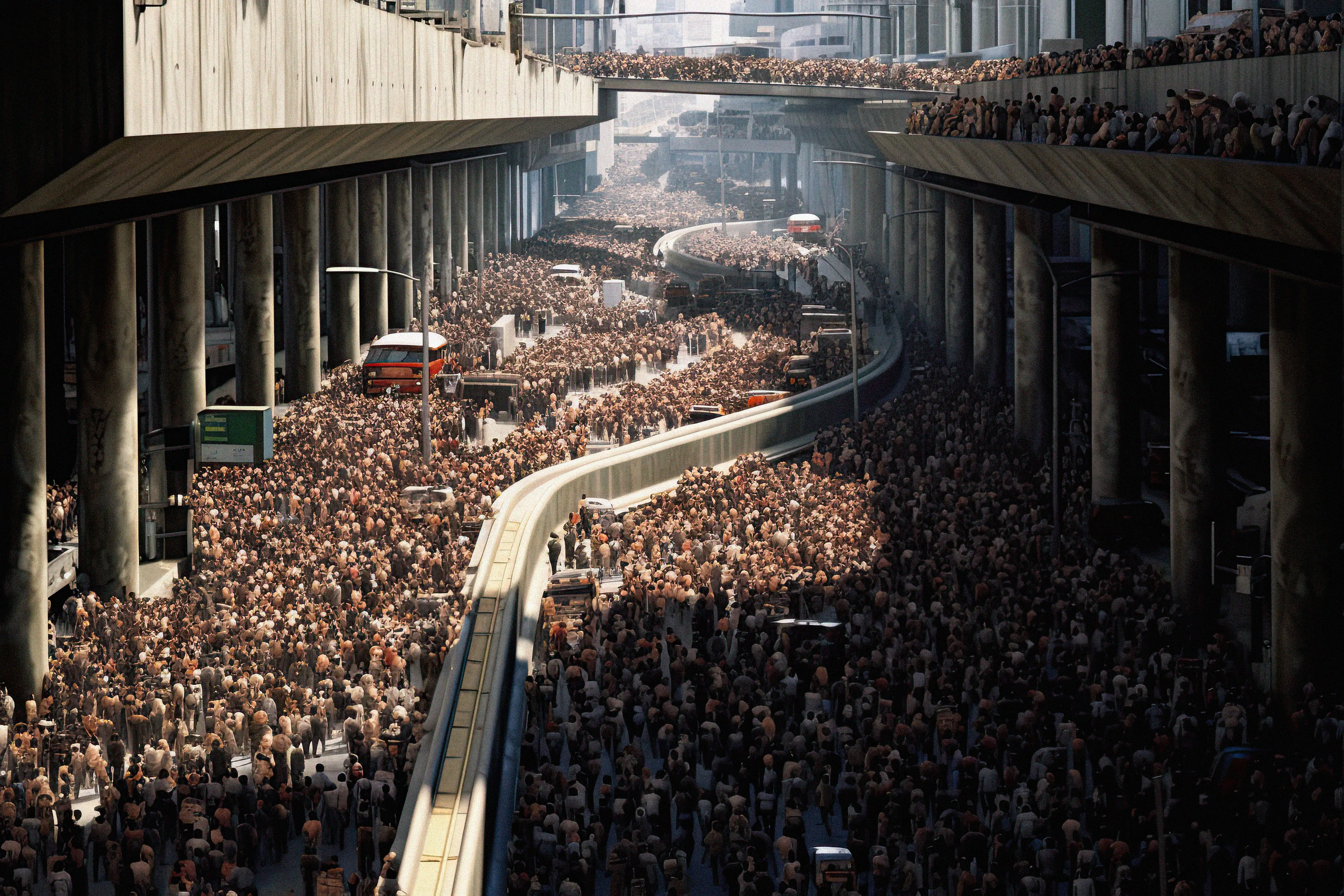 "Overpopulated Symphonies" is a collection of AI post-photography that immerses viewers in a commentary on the contemporary human condition. Through sprawling images of densely populated urban landscapes and human gatherings, the collection reduces individuals to minuscule points, forming an overwhelming sea of indistinguishable dots.

Beyond the literal portrayal of overpopulation, this collection utilizes the metaphor of crowd density as an analogy for the inundation of information in our modern era. It poses questions about identity, individuality, and the struggles faced by the human mind in processing and prioritizing the relentless surge of data we encounter daily. The figures in these photographs transcend mere physical bodies; they represent thoughts, ideas, and information, all vying for recognition and space within the confines of our mental landscapes. With humans depicted as dots in a chaotic neural network, these artworks serve as an allegory for the phenomenon of information overload.

The title "Overpopulated Symphonies" intends to evoke the intricate and often overwhelming nature of our current reality. "Overpopulated" alludes to the physical density of human gatherings depicted in the collection, but also metaphorically refers to the overflow of information and ideas that bombard us incessantly. The term "Symphonies" suggests a sense of harmony and order, offering an optimistic counterpoint to the chaos portrayed. It hints at the potential for synchronicity to arise from apparent disarray.