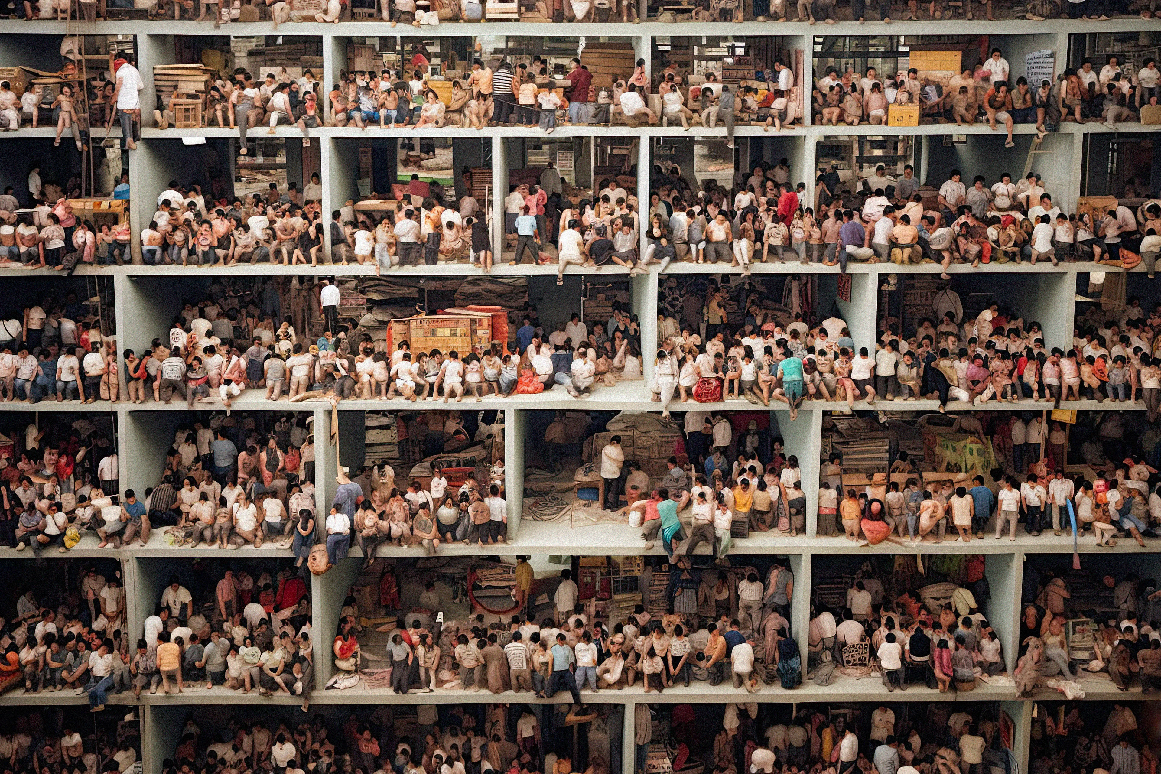 "Overpopulated Symphonies" is a collection of AI post-photography that immerses viewers in a commentary on the contemporary human condition. Through sprawling images of densely populated urban landscapes and human gatherings, the collection reduces individuals to minuscule points, forming an overwhelming sea of indistinguishable dots.

Beyond the literal portrayal of overpopulation, this collection utilizes the metaphor of crowd density as an analogy for the inundation of information in our modern era. It poses questions about identity, individuality, and the struggles faced by the human mind in processing and prioritizing the relentless surge of data we encounter daily. The figures in these photographs transcend mere physical bodies; they represent thoughts, ideas, and information, all vying for recognition and space within the confines of our mental landscapes. With humans depicted as dots in a chaotic neural network, these artworks serve as an allegory for the phenomenon of information overload.

The title "Overpopulated Symphonies" intends to evoke the intricate and often overwhelming nature of our current reality. "Overpopulated" alludes to the physical density of human gatherings depicted in the collection, but also metaphorically refers to the overflow of information and ideas that bombard us incessantly. The term "Symphonies" suggests a sense of harmony and order, offering an optimistic counterpoint to the chaos portrayed. It hints at the potential for synchronicity to arise from apparent disarray.