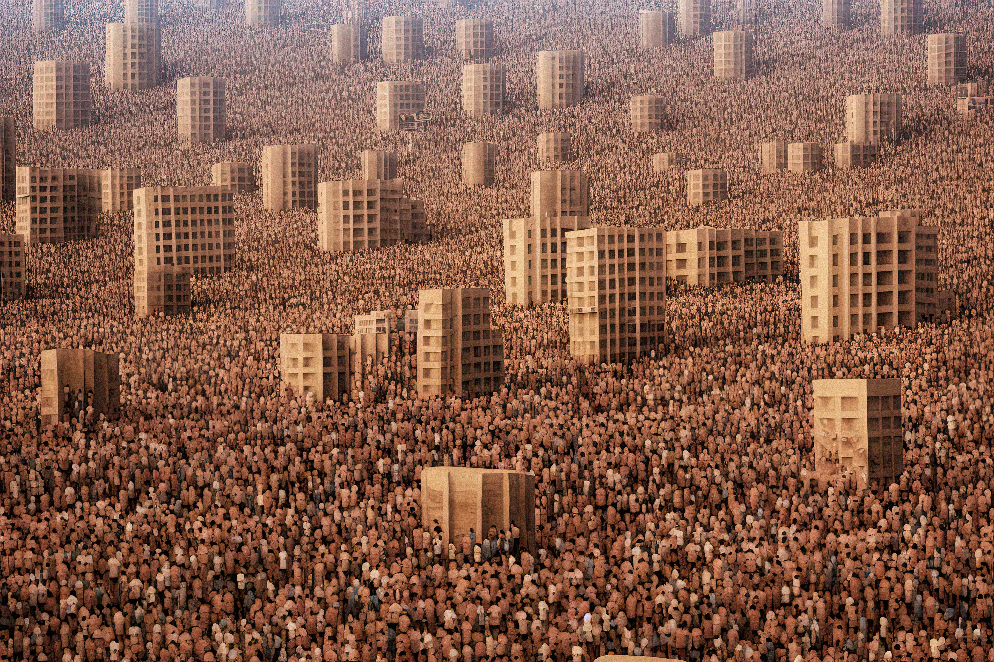 "Overpopulated Symphonies" is a collection of AI post-photography that immerses viewers in a commentary on the contemporary human condition. Through sprawling images of densely populated urban landscapes and human gatherings, the collection reduces individuals to minuscule points, forming an overwhelming sea of indistinguishable dots.

Beyond the literal portrayal of overpopulation, this collection utilizes the metaphor of crowd density as an analogy for the inundation of information in our modern era. It poses questions about identity, individuality, and the struggles faced by the human mind in processing and prioritizing the relentless surge of data we encounter daily. The figures in these photographs transcend mere physical bodies; they represent thoughts, ideas, and information, all vying for recognition and space within the confines of our mental landscapes. With humans depicted as dots in a chaotic neural network, these artworks serve as an allegory for the phenomenon of information overload.

The title "Overpopulated Symphonies" intends to evoke the intricate and often overwhelming nature of our current reality. "Overpopulated" alludes to the physical density of human gatherings depicted in the collection, but also metaphorically refers to the overflow of information and ideas that bombard us incessantly. The term "Symphonies" suggests a sense of harmony and order, offering an optimistic counterpoint to the chaos portrayed. It hints at the potential for synchronicity to arise from apparent disarray.