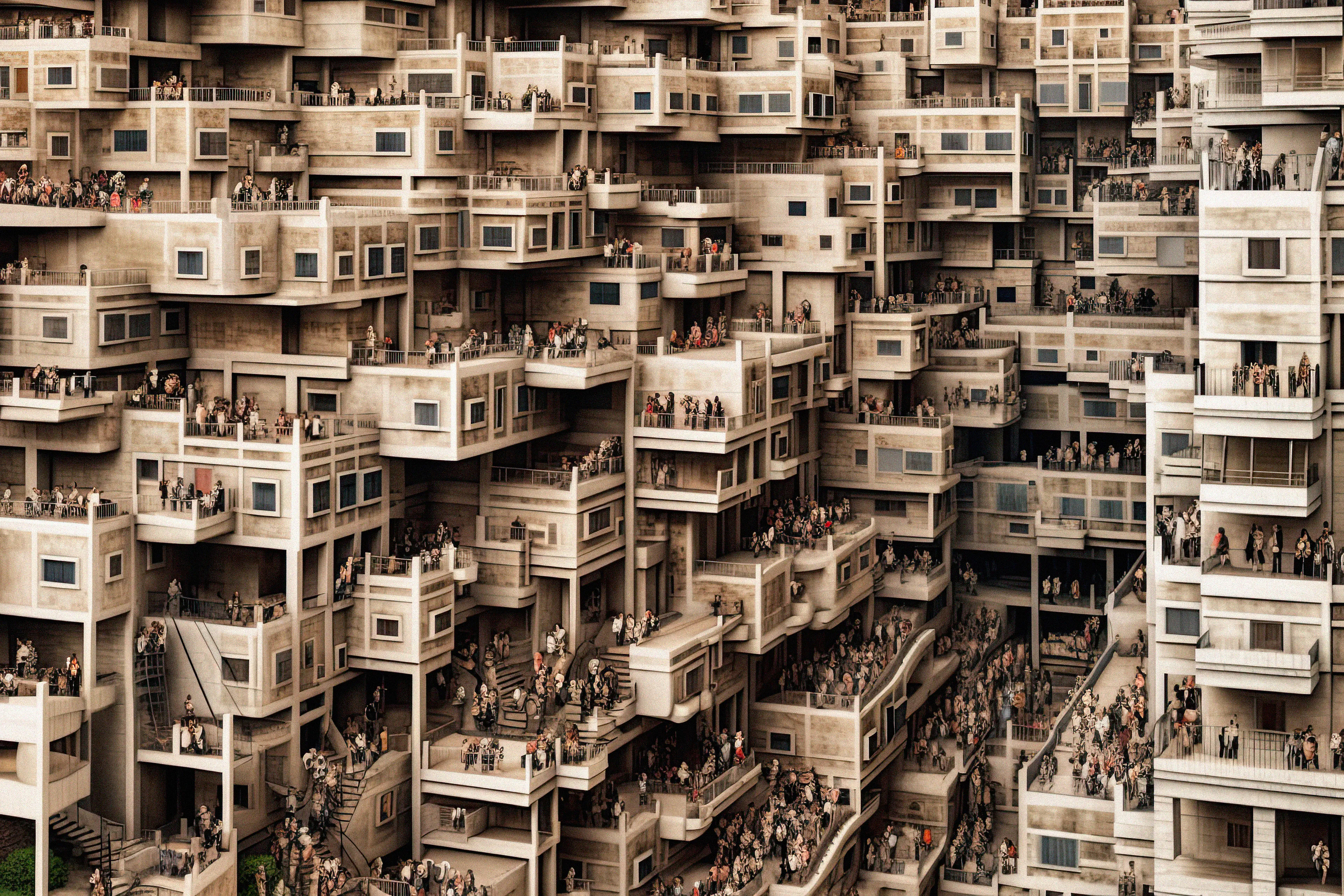 "Overpopulated Symphonies" is a collection of AI post-photography that immerses viewers in a commentary on the contemporary human condition. Through sprawling images of densely populated urban landscapes and human gatherings, the collection reduces individuals to minuscule points, forming an overwhelming sea of indistinguishable dots.

Beyond the literal portrayal of overpopulation, this collection utilizes the metaphor of crowd density as an analogy for the inundation of information in our modern era. It poses questions about identity, individuality, and the struggles faced by the human mind in processing and prioritizing the relentless surge of data we encounter daily. The figures in these photographs transcend mere physical bodies; they represent thoughts, ideas, and information, all vying for recognition and space within the confines of our mental landscapes. With humans depicted as dots in a chaotic neural network, these artworks serve as an allegory for the phenomenon of information overload.

The title "Overpopulated Symphonies" intends to evoke the intricate and often overwhelming nature of our current reality. "Overpopulated" alludes to the physical density of human gatherings depicted in the collection, but also metaphorically refers to the overflow of information and ideas that bombard us incessantly. The term "Symphonies" suggests a sense of harmony and order, offering an optimistic counterpoint to the chaos portrayed. It hints at the potential for synchronicity to arise from apparent disarray.