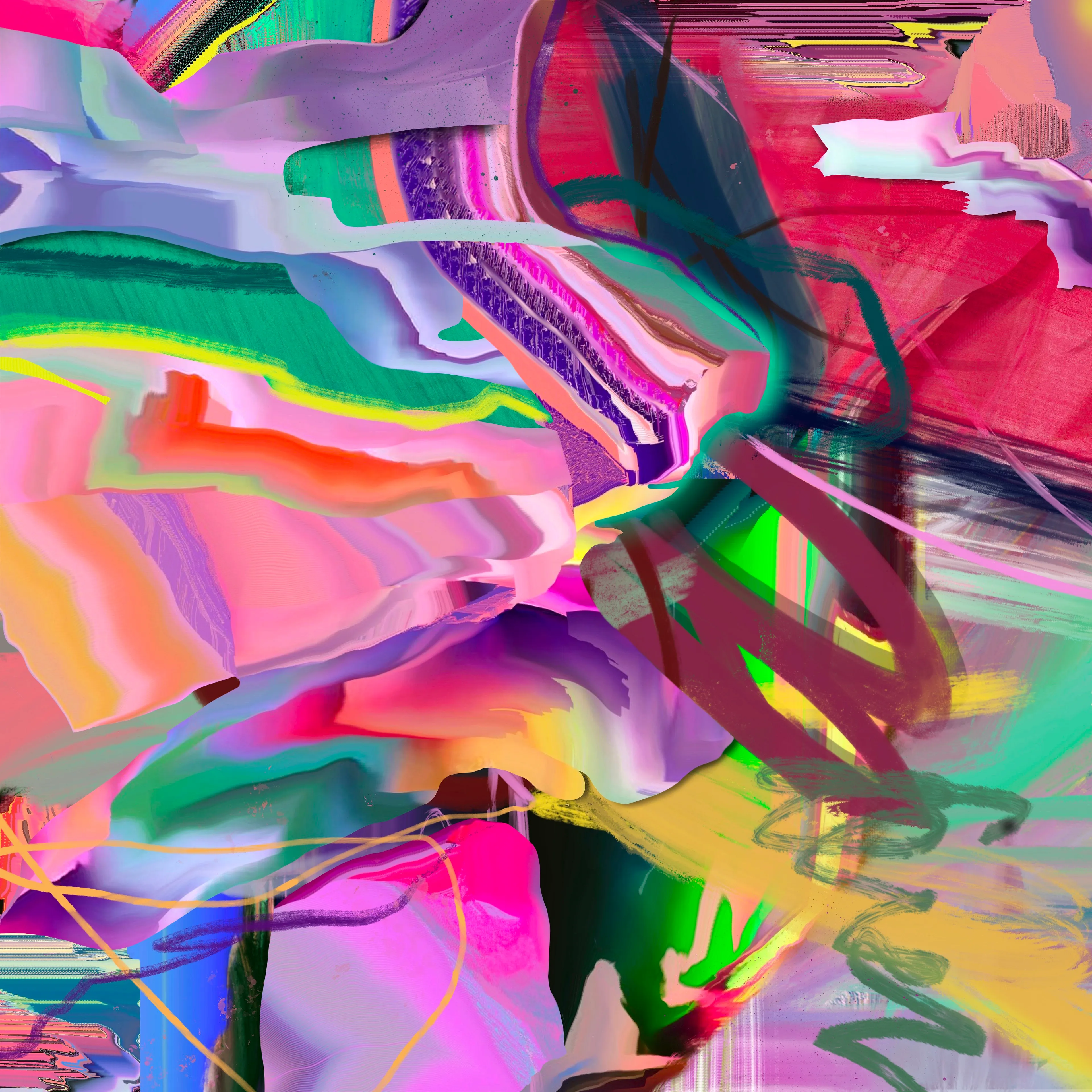 Chromesthesia is an ongoing project in which I take AI generated imagery, original drawings and fractal creations and run them through various applications multiple times until they are deconstructed into glitchy abstractions. 

This new series is a collection of hybrid paintings that combine my Chromesthesia artwork and abstract paintings in digital collage.

4000x4000 JPG