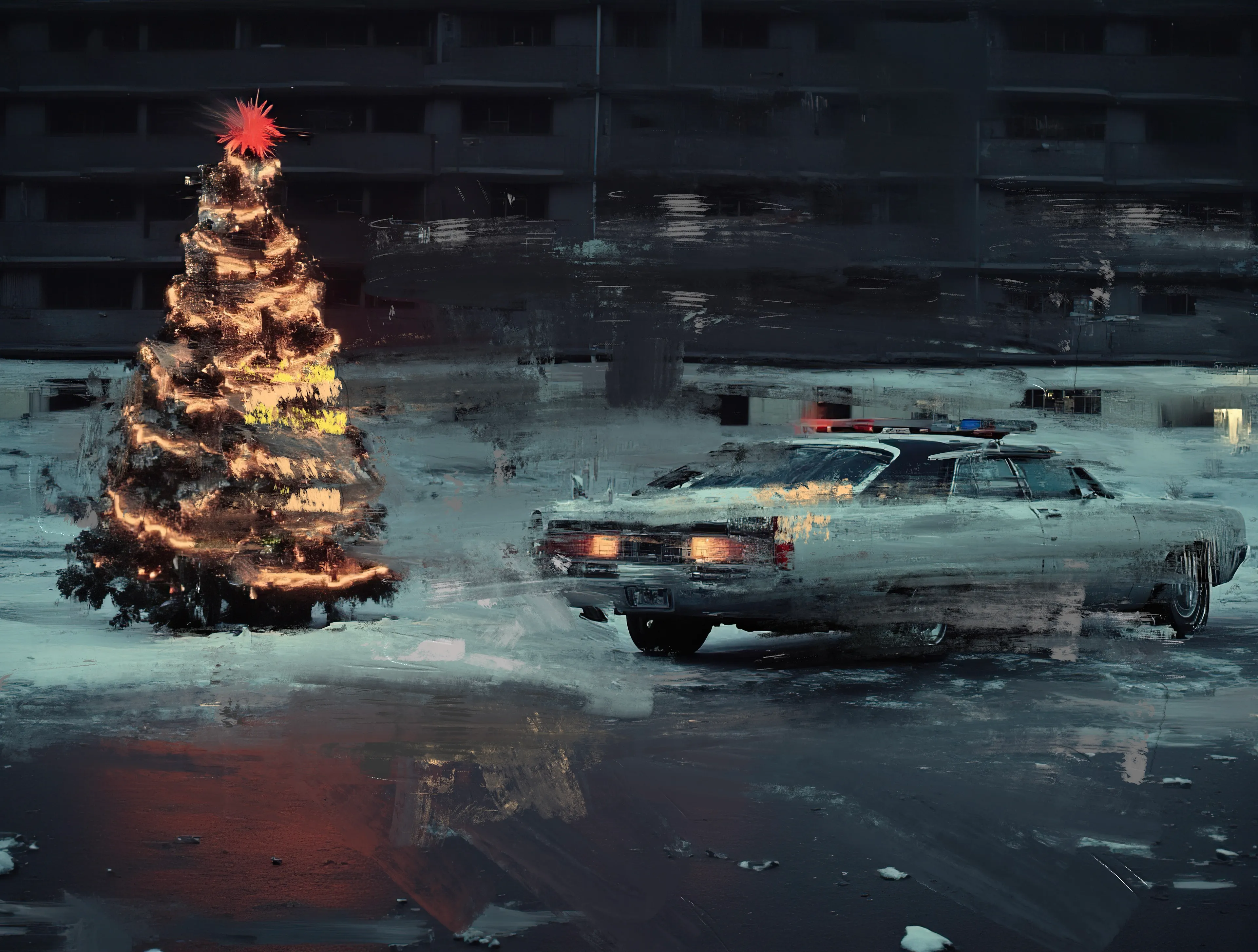 A Christmas tree hums with broken glow,
Lights tremble—flicker—whispering ghosts.
The squad car breathes its last sigh,
Rust settling into the frostbitten ground.

Sirens fade beneath blackened windows,
Red and blue smears swallowed by night.
The star above pulses, defiant,
But the world forgets,
And the silence holds.