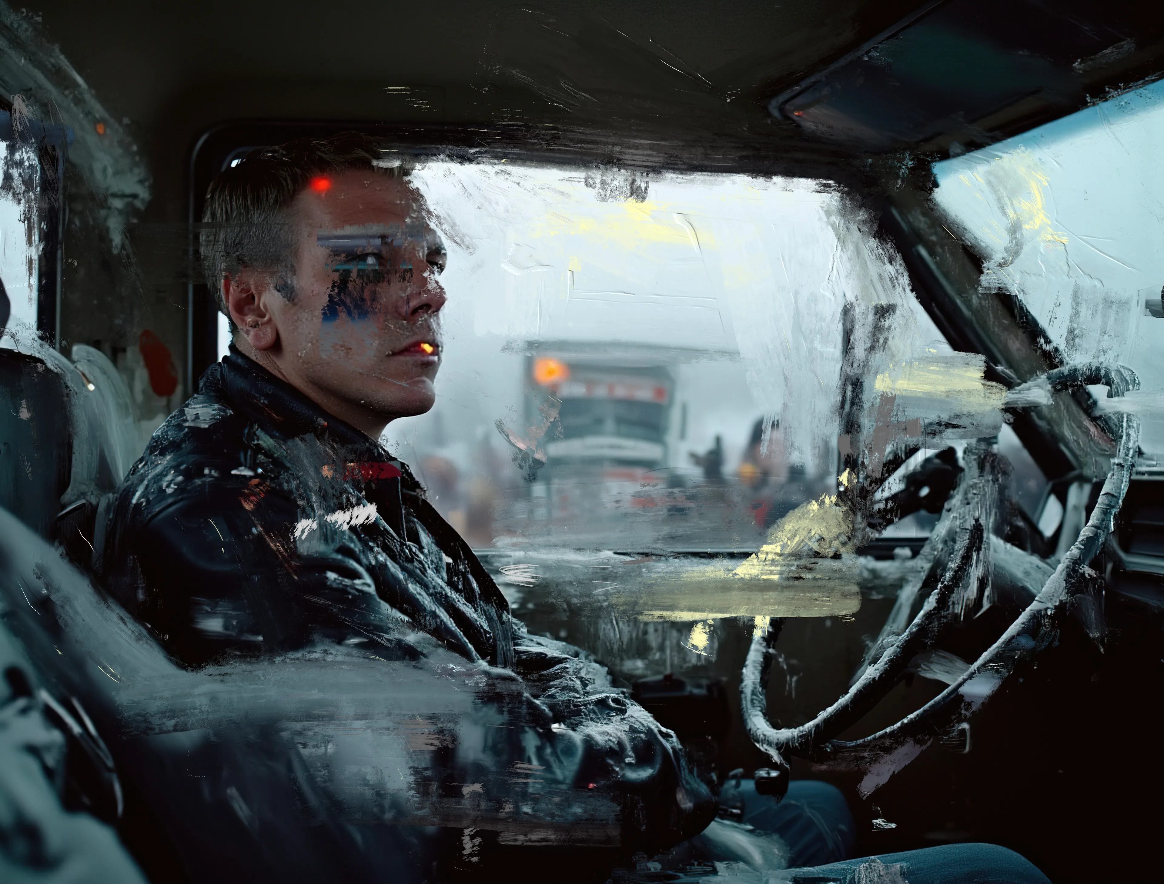 The frost clung to glass like secrets,
Smudges of smoke, lives half-lit.
He sat, silent, stitched from shadow,
A cigarette ember, the only pulse left.

Outside, the world melted slow—
Engines humming dirges for no one,
Clouds heavy with the weight of nothing,
And the road led nowhere but here.

He watched time stall,
A winter-broken mirror.
The light—faint, fractured—
Just a memory trying to burn.