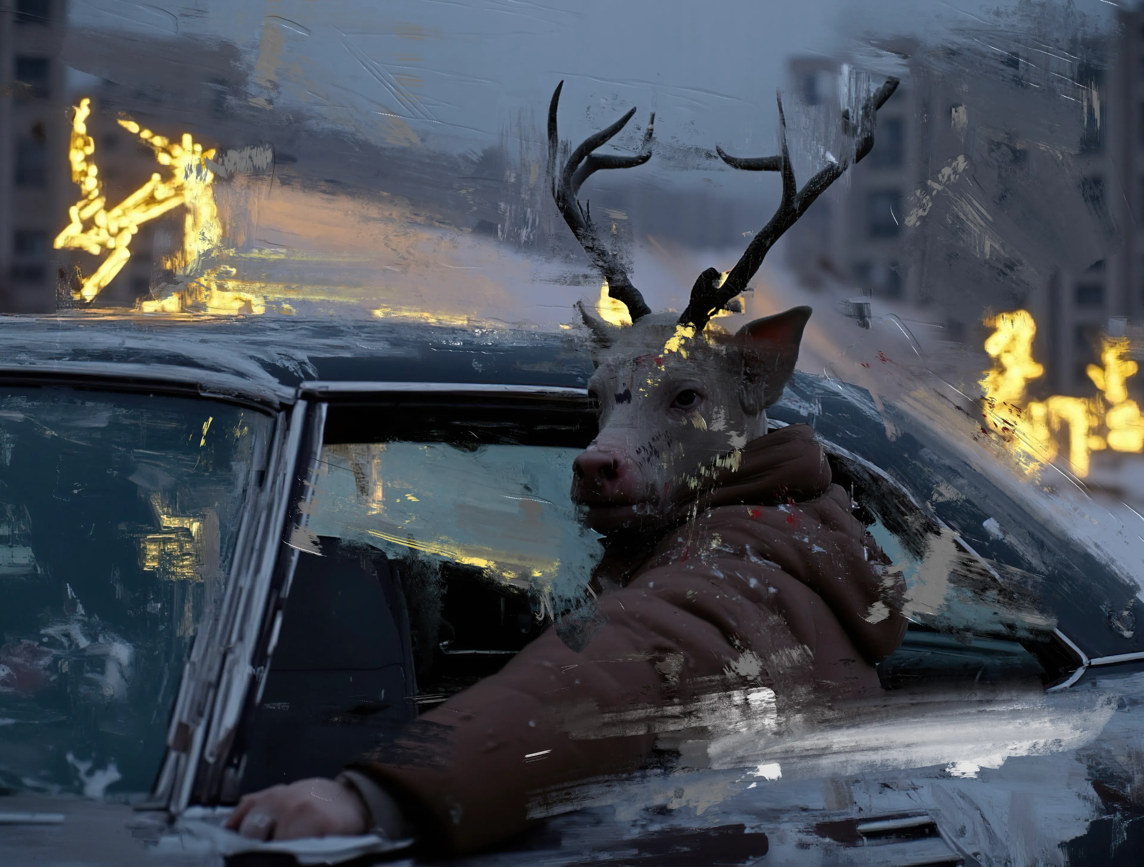 A frozen dusk,
and the streets are empty—
except for him.
Antlers scrape the ceiling,
bone-white against the cold glass,
as he turns to stare through you.

The car’s a coffin,
silent as a grave.
No exhaust, no heat—
just the sound of his breath
fogging up the window,
thick as regret.

You’ve seen him before,
in half-remembered dreams,
where deer wear coats
and drivers sit still,
waiting for the end to arrive.

Behind him, electric reindeer blaze,
their neon forms tangled like wire—
a Christmas long since buried,
a joy long since forgotten.

But his eyes still burn.
Not human, not beast—
just there.
Watching.
Judging.
Knowing.

You wonder who drives this thing—
him or the ghost
sitting in the back seat,
holding a map
to nowhere.