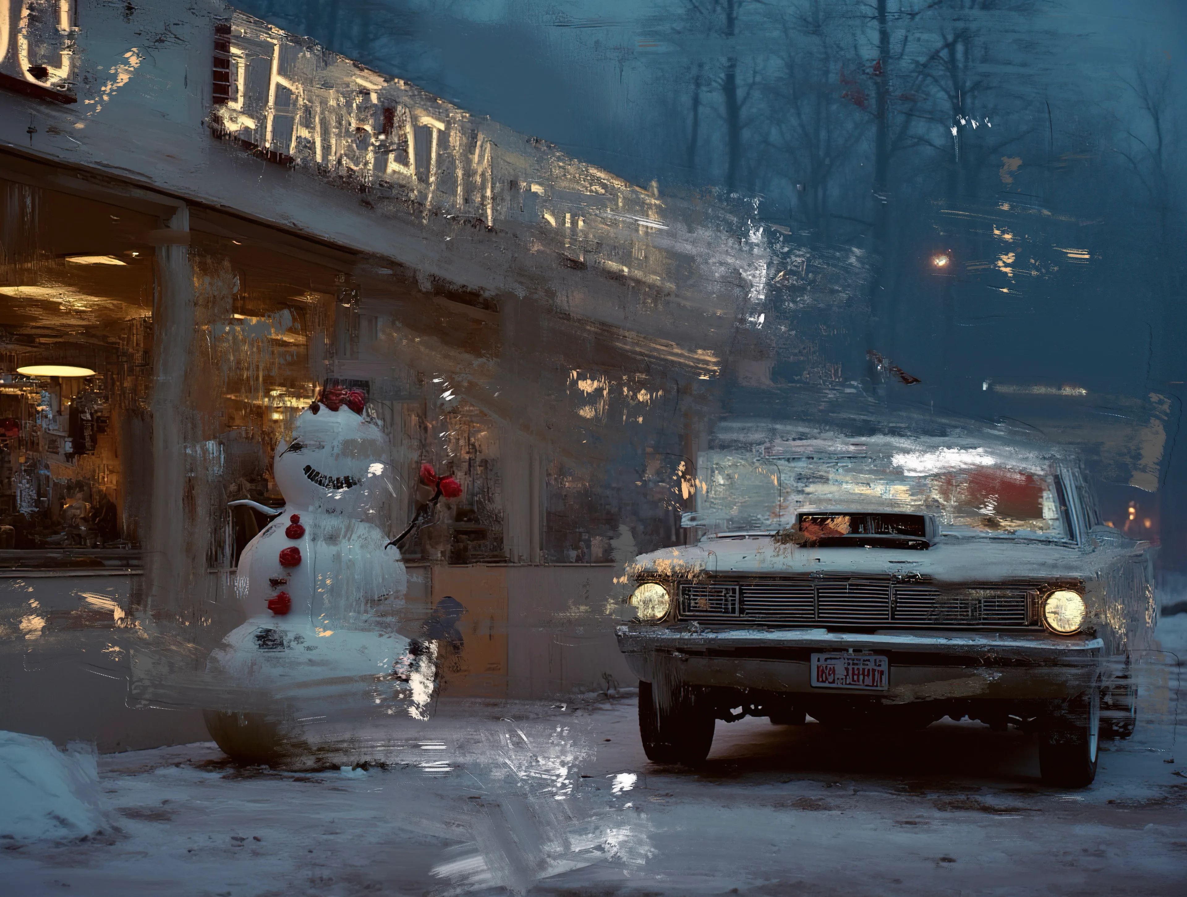 The headlights carve shadows in frozen glass,
A snowman smiles with broken teeth,
Scarlet buttons drip like forgotten roses,
A memory no longer beneath.

Inside the diner, laughter hangs stale,
Cracked neon hums a hollow tune.
The car idles, a mechanical sigh—
Breath misting the pane of a cold, silent moon.