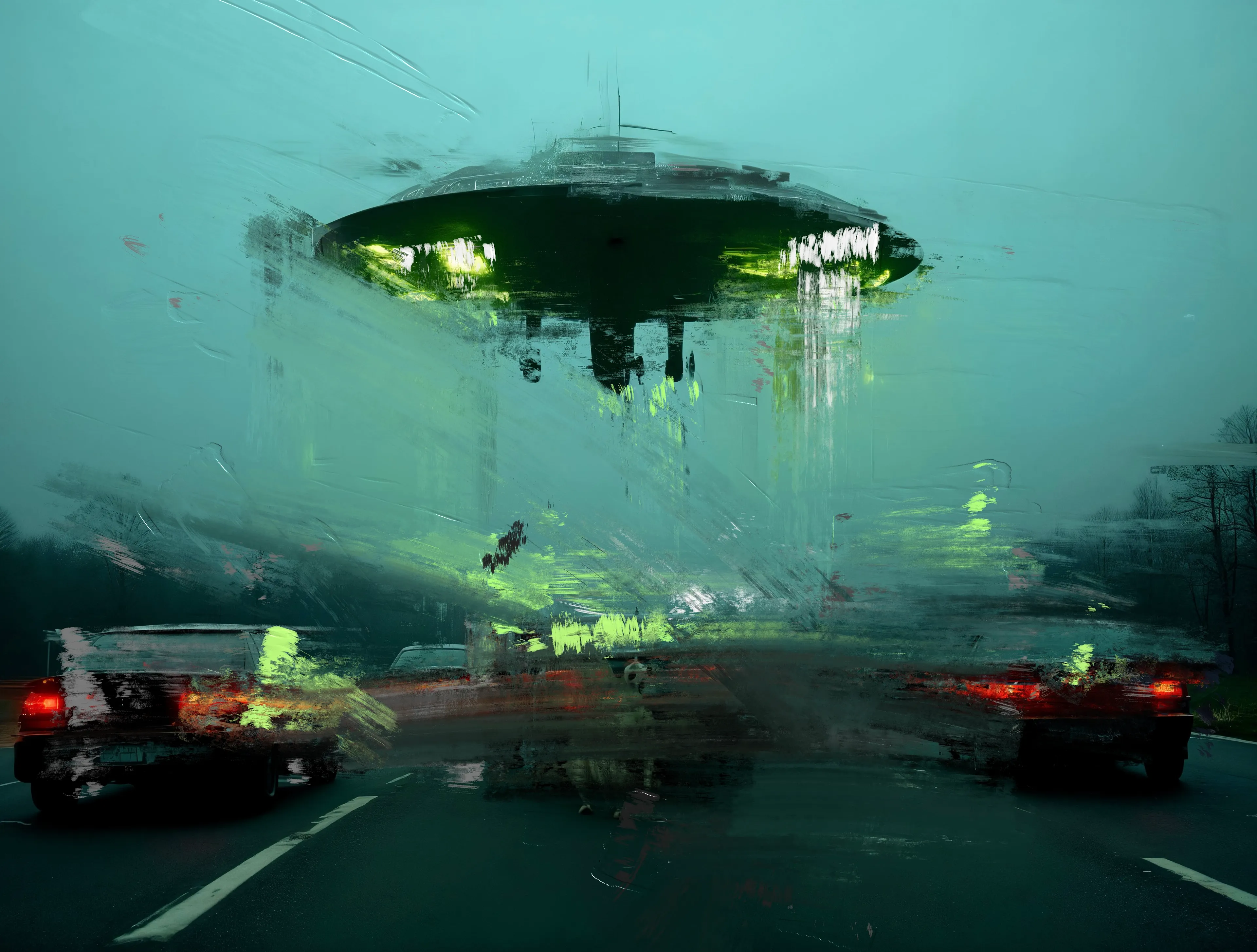 A green glow swallows the horizon,
Bleeding down like rain into steel and tar.
Engines falter, whispers forgotten,
Two cars, stalled pilgrims, beneath an unholy altar.

The sky hums, electric with dread,
As if the world, too,
Holds its breath for the end.
Everything moves—except them.