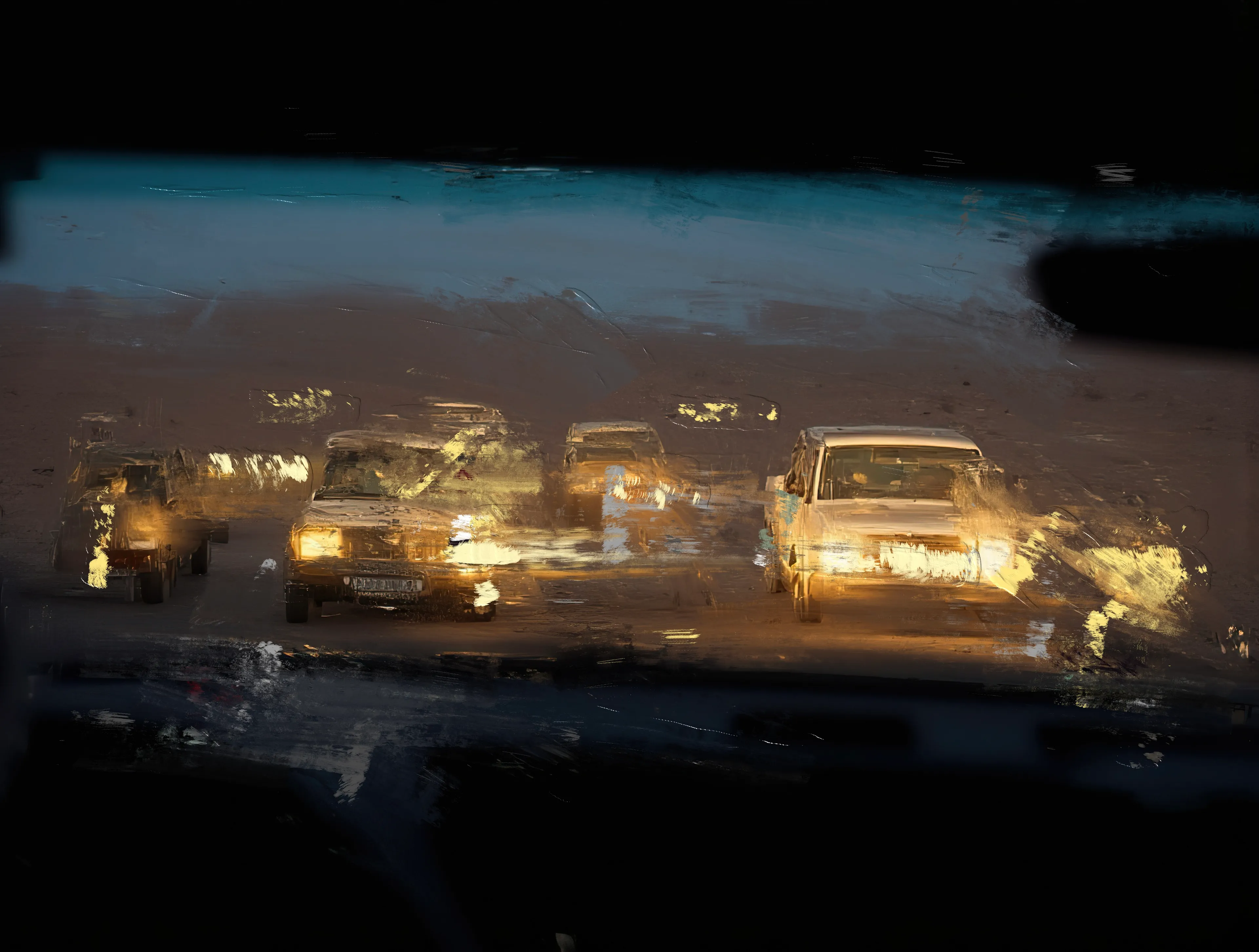 Engines hum like distant thunder,
Headlights smear across the dark,
A procession of ghosts with nowhere to go.

The road is endless,
A ribbon of forgotten dust,
Unfurling beneath wheels
That never stop turning.

Each car a sealed sarcophagus—
People inside, silent, unseen,
Trapped in a pilgrimage to nowhere.

The air feels thick, electric,
Charged with the weight of something lost.
A signal buried in static,
A warning no one can quite hear.

You grip the wheel,
Eyes locked on the blaze of gold ahead,
But they don’t see you.
They never see you.

You could turn off the lights,
Fade into the black,
Let the road eat you whole.

But you don’t.
You keep driving.
And so do they.