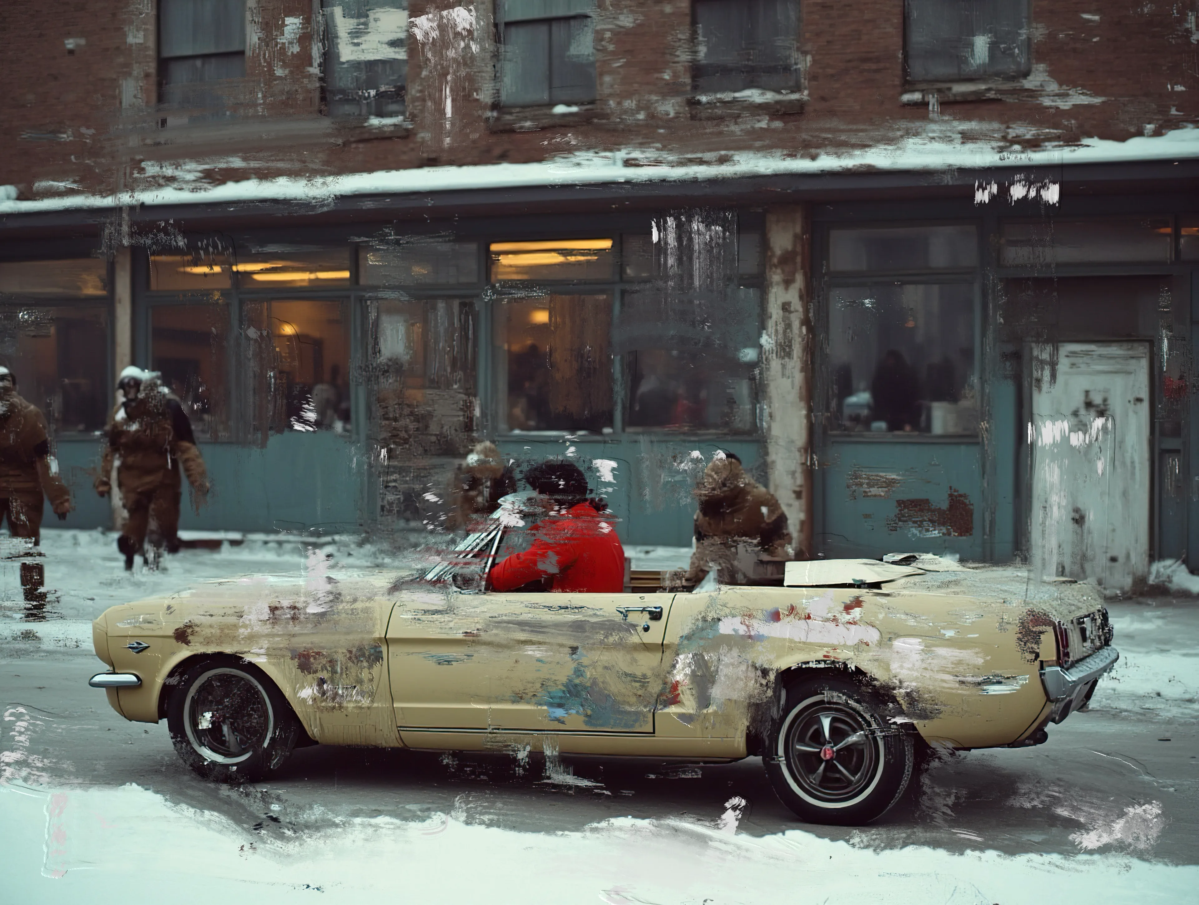 Frost-bitten streets,
Eyes burning through frozen lashes.
The engine hums like an alien hymn,
And the yellow car cuts through
What time forgot.

Figures stagger in the distance,
Half memory, half menace,
While he drives
Nowhere fast—
A stranger to a town
That once knew his name.