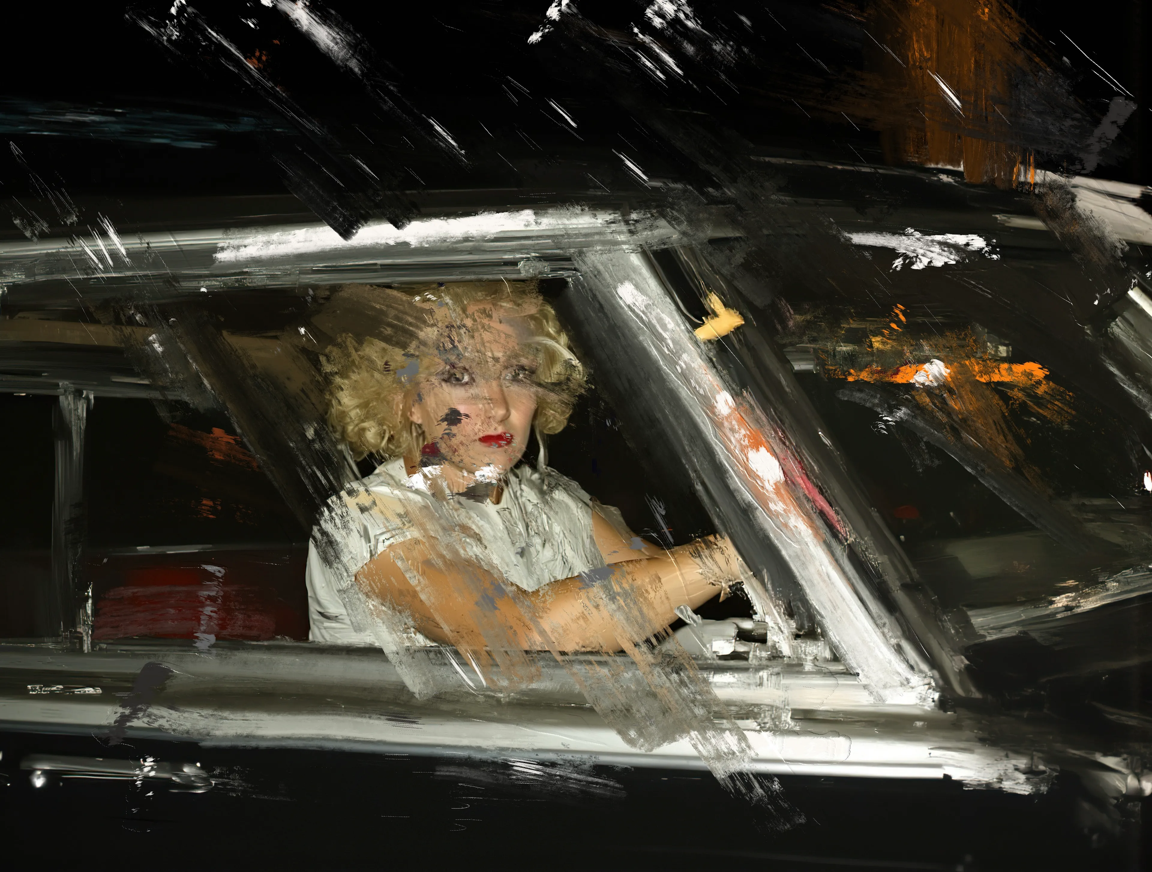 She grips the wheel like a gunfighter,
Knuckles white, veins humming with static.
Lipstick smeared crimson across a midnight smile,
She’s half siren, half streetlight ghost—
An invitation you’ll regret answering.

The car rumbles beneath her, feral and restless,
Wheels rolling over broken promises
And tire tracks of the damned.
Through the cracked window,
Orange flares split the night like a bad omen,
The kind you ignore when you’re already too far gone.

She doesn’t glance back.
Her hair wild as static,
Eyes fixed forward, chasing shadows
On a road that doesn’t exist.