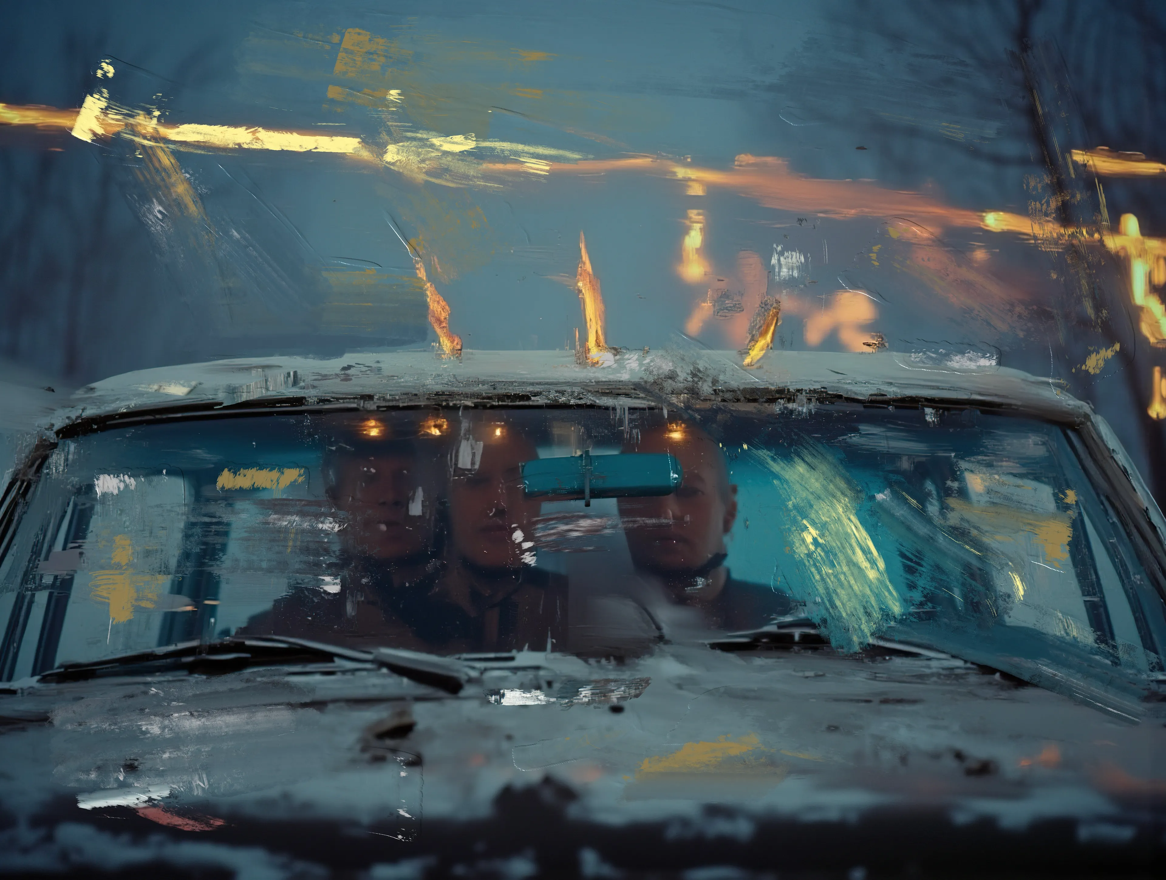 The road burned like a memory,
Orange scars trailing the sky,
While three faces sat still—
Lit by the flames of yesterday.

Their silence carried weight,
Thicker than glass,
Heavier than headlights cutting through smoke.

No one turned the wheel.
No one dared to blink.
The world burned beyond them—
And they just watched.