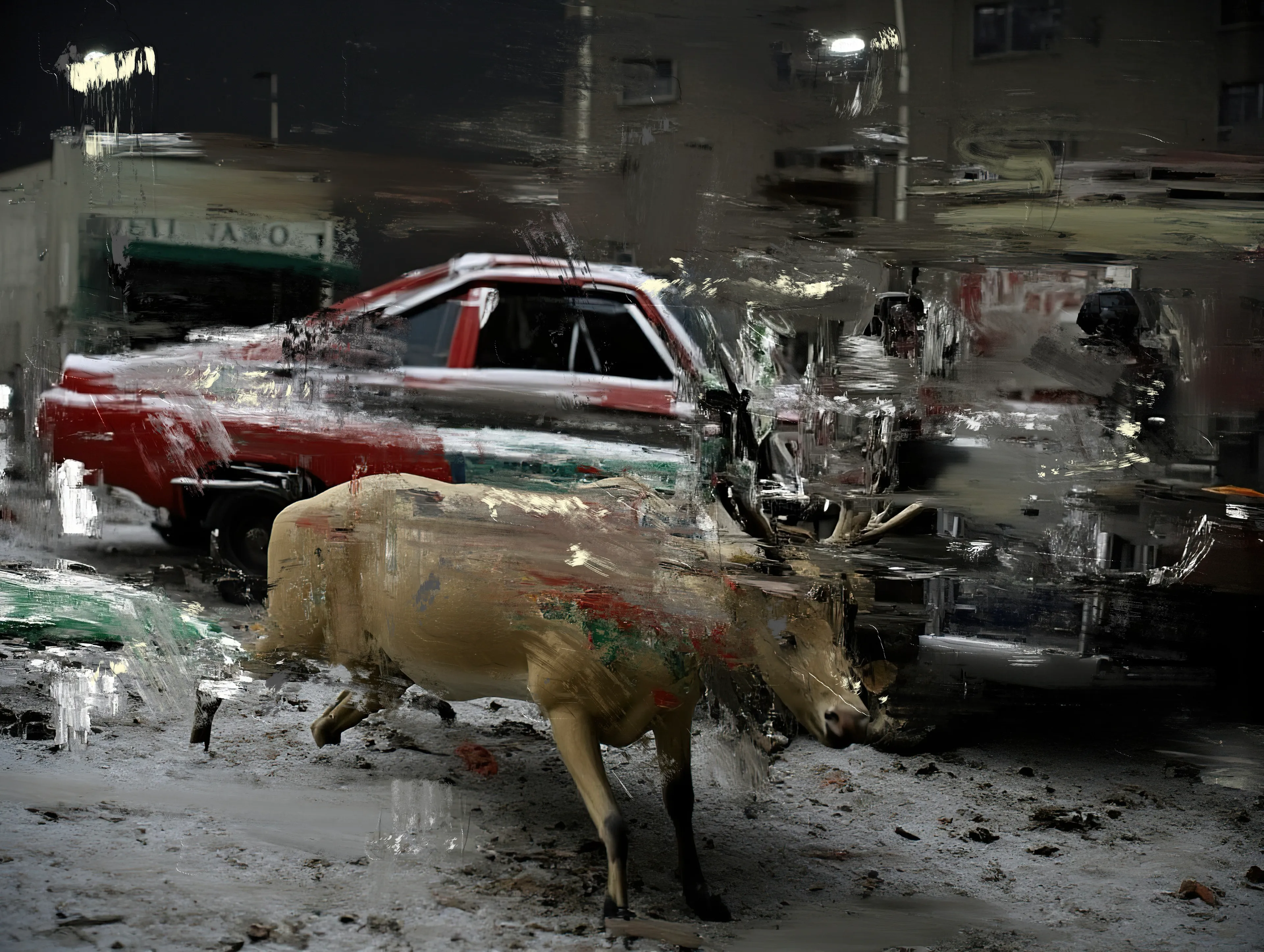 A cracked desert lot, slick with ruin –
antlers cast shadows like bones on the asphalt,
ghost-light creeping from the diner behind.
The reindeer staggers, stitched from oil and rust,
as engines groan through the drowning night.

The red car waits, half-buried in grime,
chrome teeth grinning through the haze.
Somewhere inside, whiskey-soaked laughter spills,
the radio spits static sermons for the damned.

It’s all there –
the collapse of innocence, the final parade,
hoofprints leading nowhere,
while neon bleeds on concrete veins.

And above it all,
the moon turns its back.
