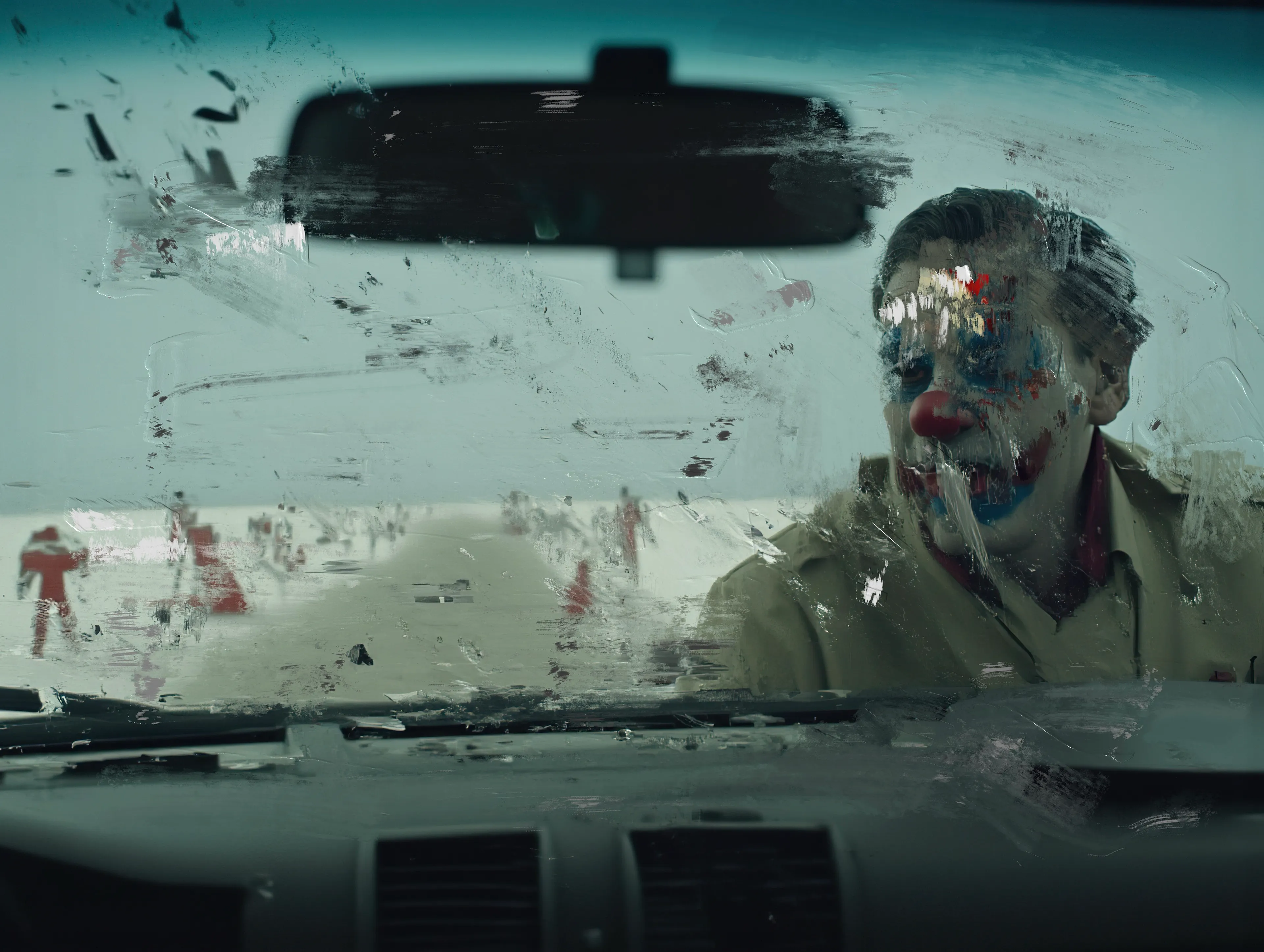He looms like a nightmare stitched in daylight—
red smile cracked, blue smudges bruising the sky.
His face drips with carnival sins,
and the windshield fractures him
into something less than human, more than memory.

The road stretches thin and pale,
a lifeline fraying at both ends.
Behind him, crimson specters flicker like lost signals,
dancing across the barren dirt
to a tune no one’s playing.

You can see him breathing heavy,
the kind of calm that warns of storms.
Roll down the window,
and you’ll catch the scent of cheap greasepaint
and forgotten towns.

He doesn’t need a ride—
he’s already in the car.